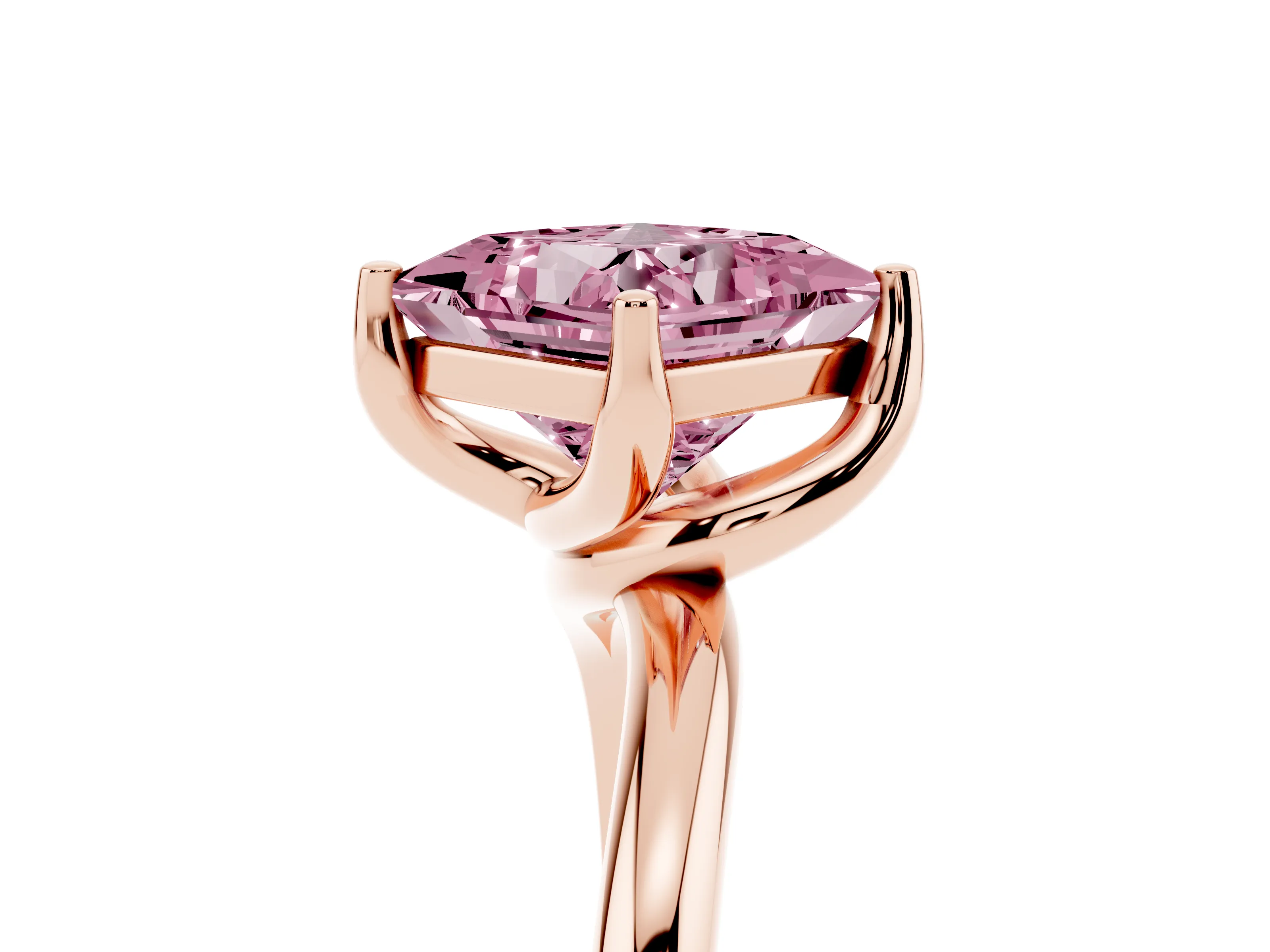 Fancy Pink Princess Cut Diamond Solitaire Engagement Ring Set in Rose gold with Classic Plain Band