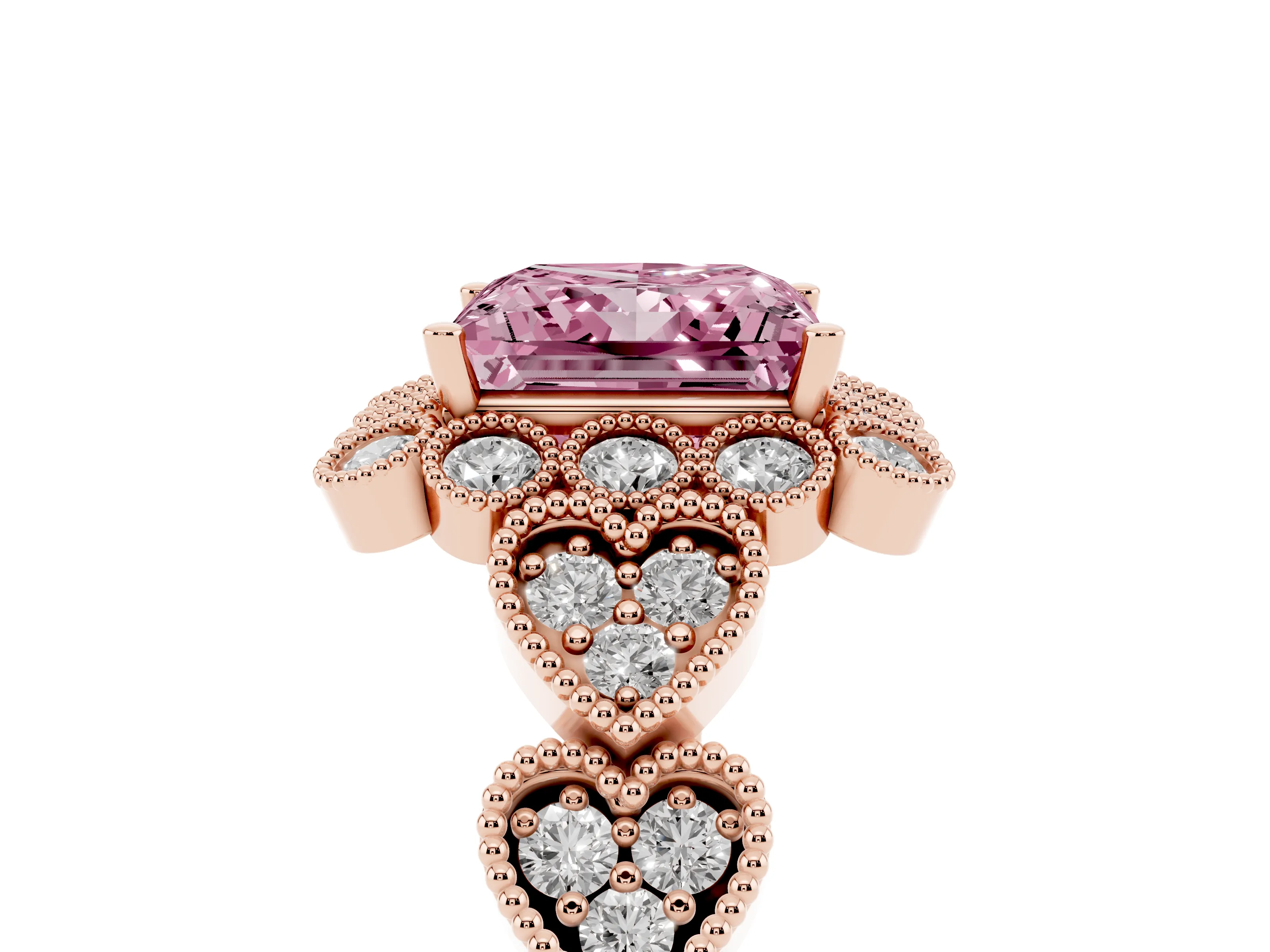 Fancy Pink Princess Cut Diamond Solitaire Ring Set in Rose gold with Milgrain Pavé Heart Band