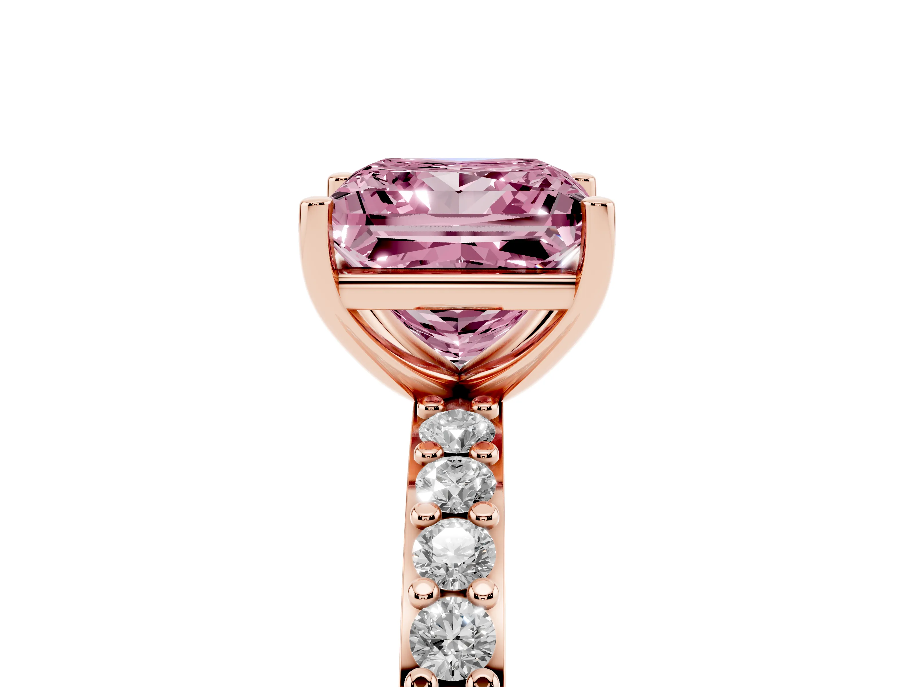 Fancy Pink Princess Cut Diamond Solitaire Set in Rose gold with Round Pavé Band and Prong Setting