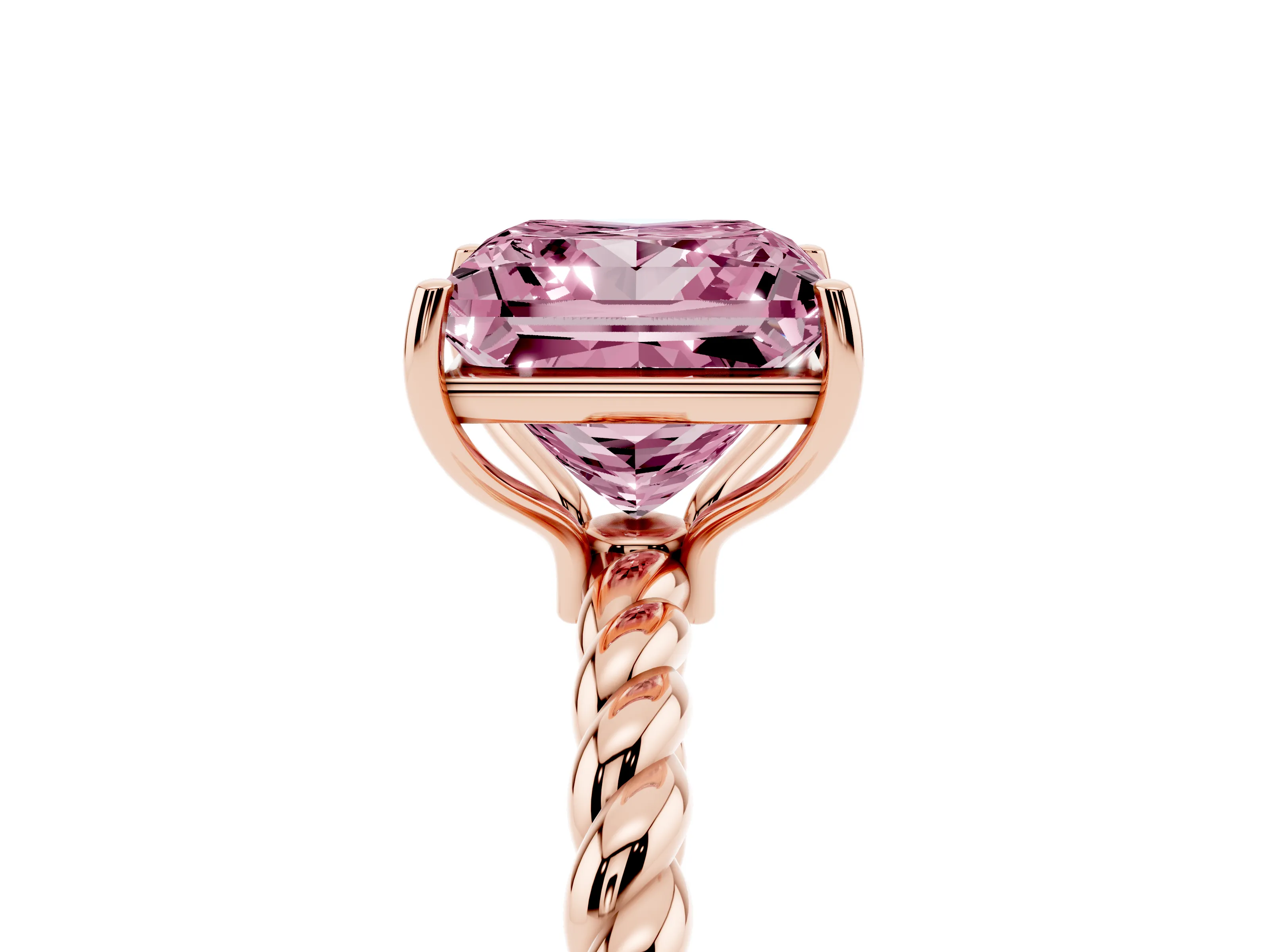 Fancy Pink Princess Cut Diamond Solitaire Ring Set in Rose gold with Twist Band and Prong Setting