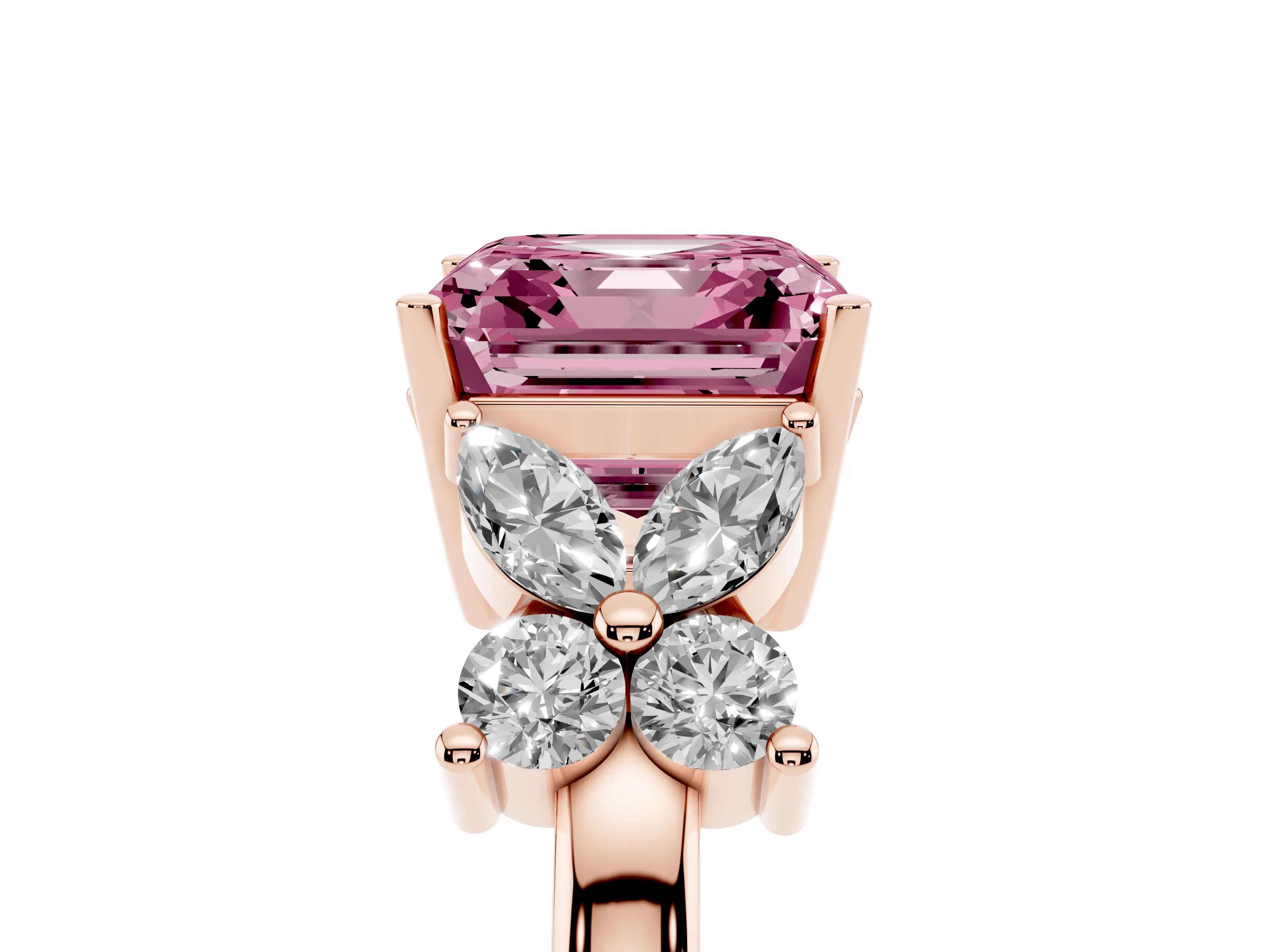 Fancy Pink Princess Cut Diamond Floral Cluster Ring Set in Rose gold with Marquise Petals and Prong Setting