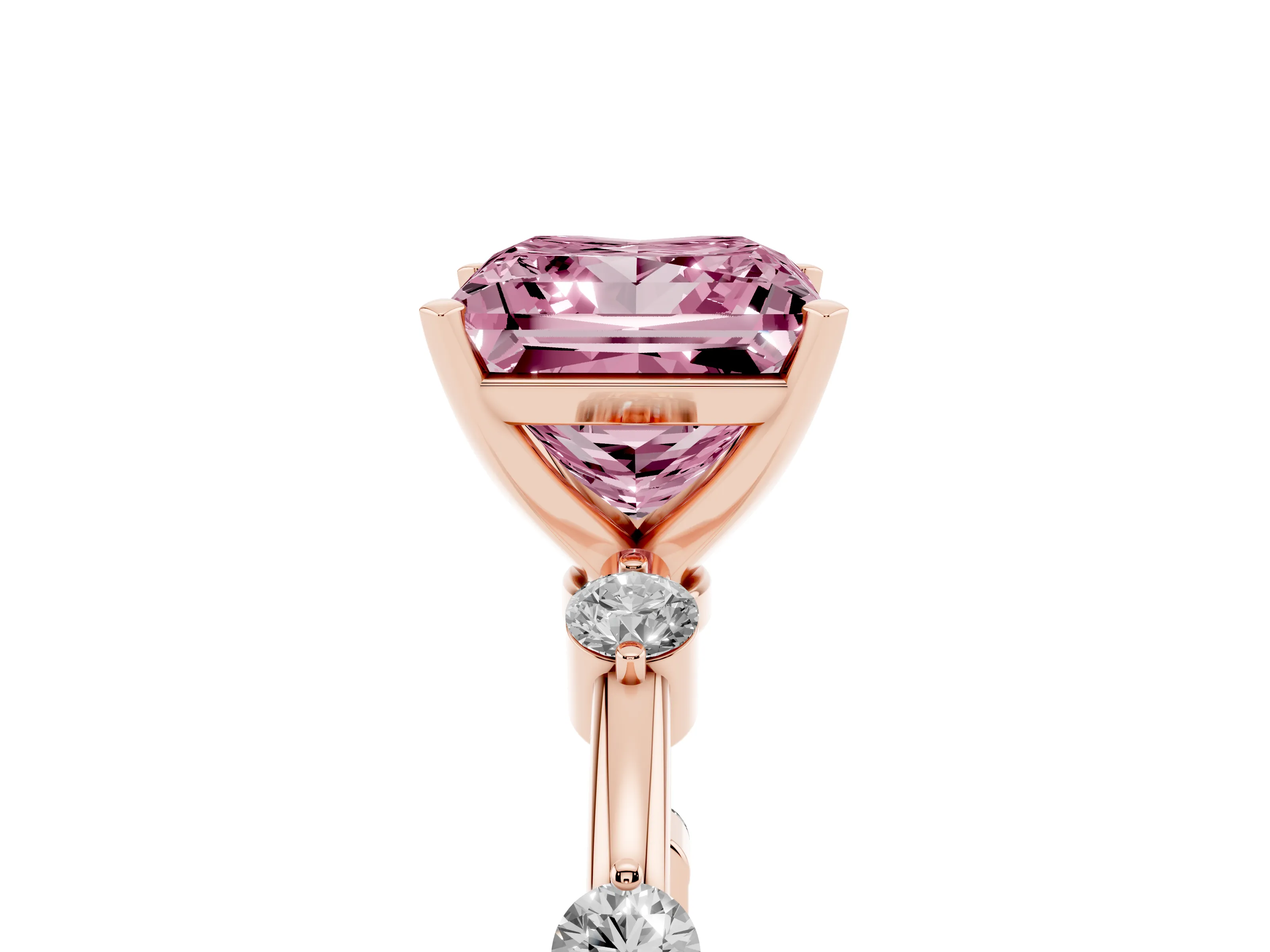 Fancy Pink Princess Cut Diamond Solitaire Ring Set in Rose gold with Bezel Set Side Stones and Prong Setting