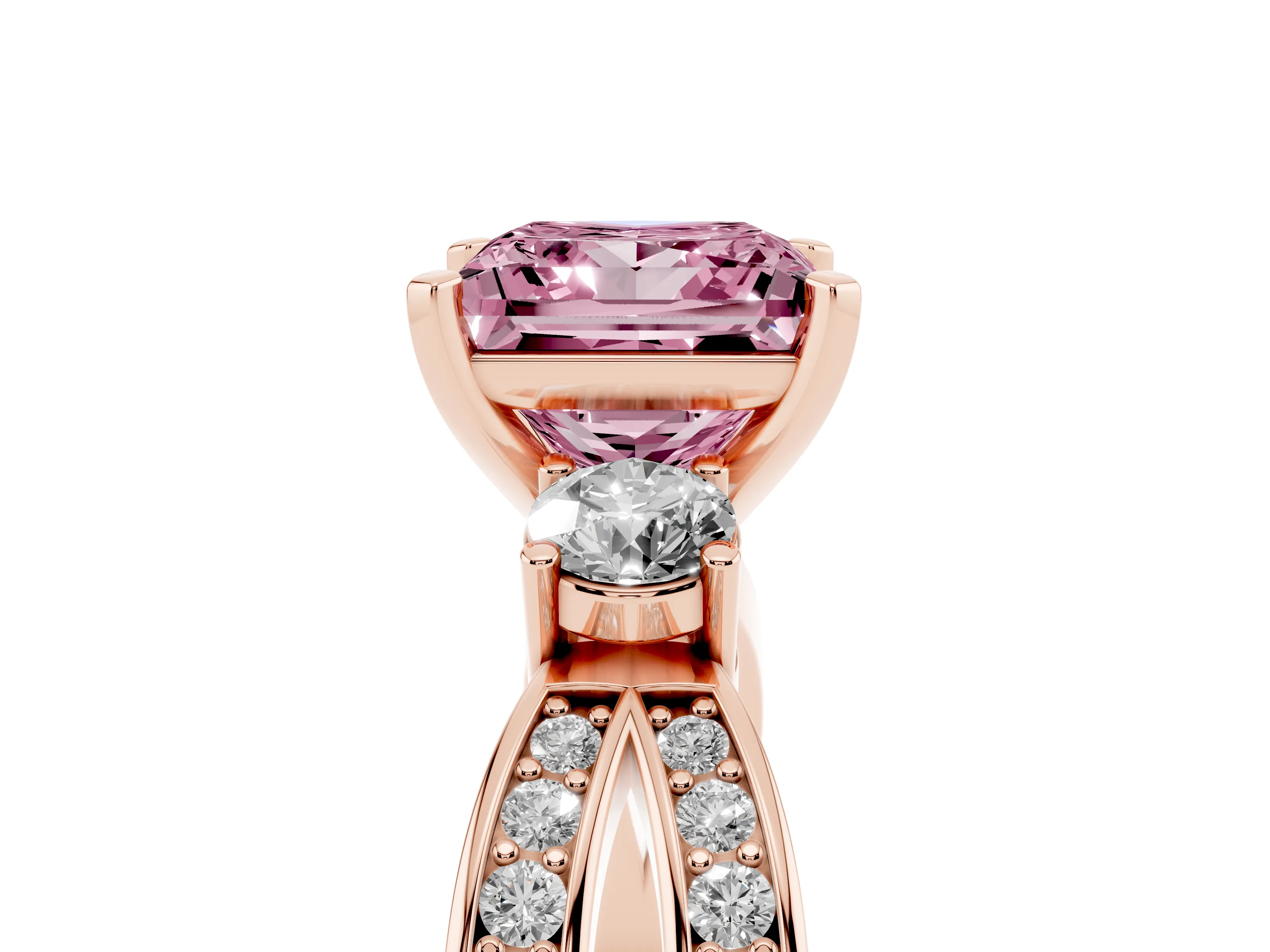 Fancy Pink Three-Stone Princess Cut Diamond Twist Band Ring Set in Rose gold with Pavé Accents and Prong Setting