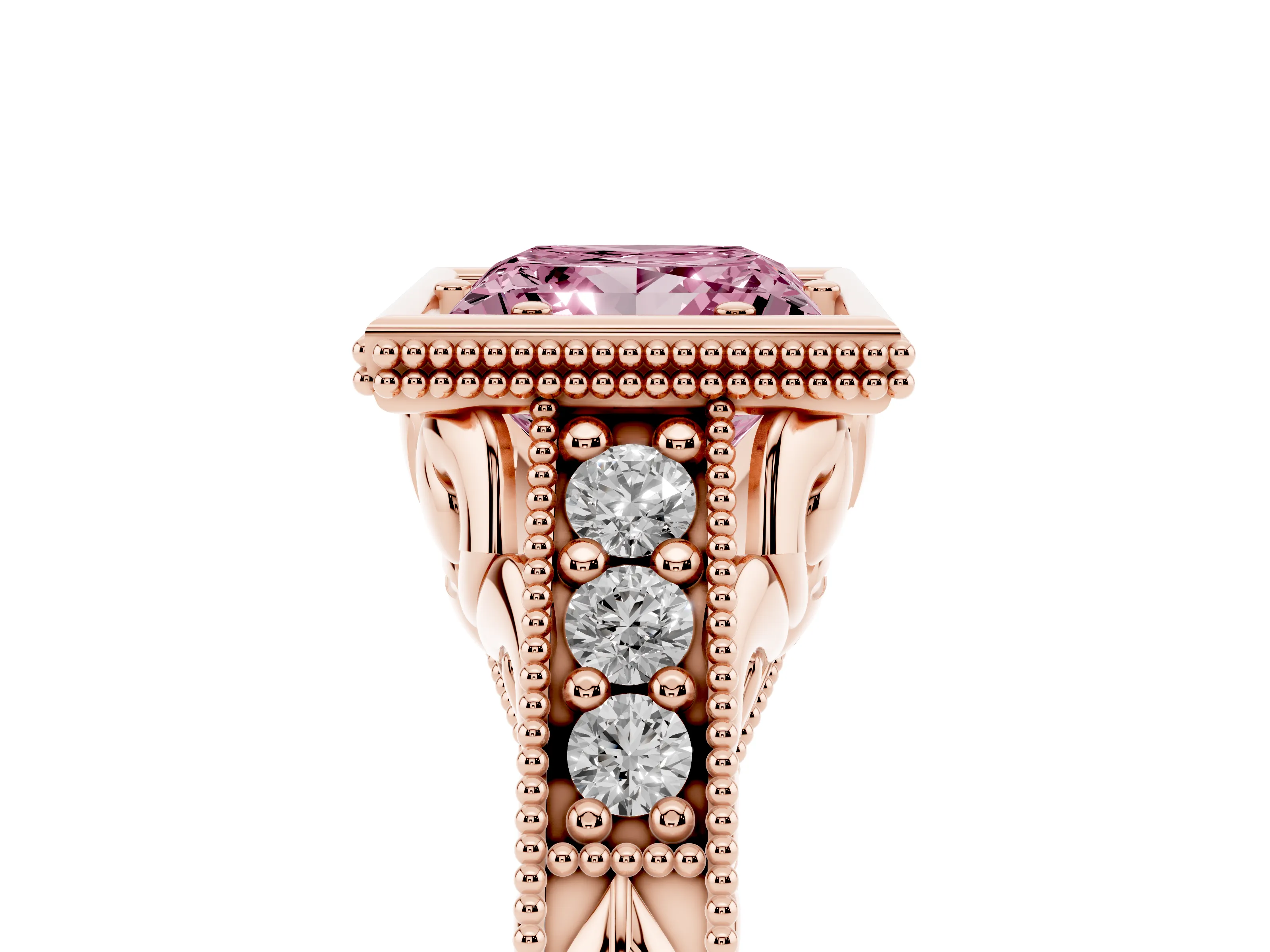 Fancy Pink Bezel Set Princess Cut Diamond Milgrain Pavé Engagement Ring Set in Rose gold