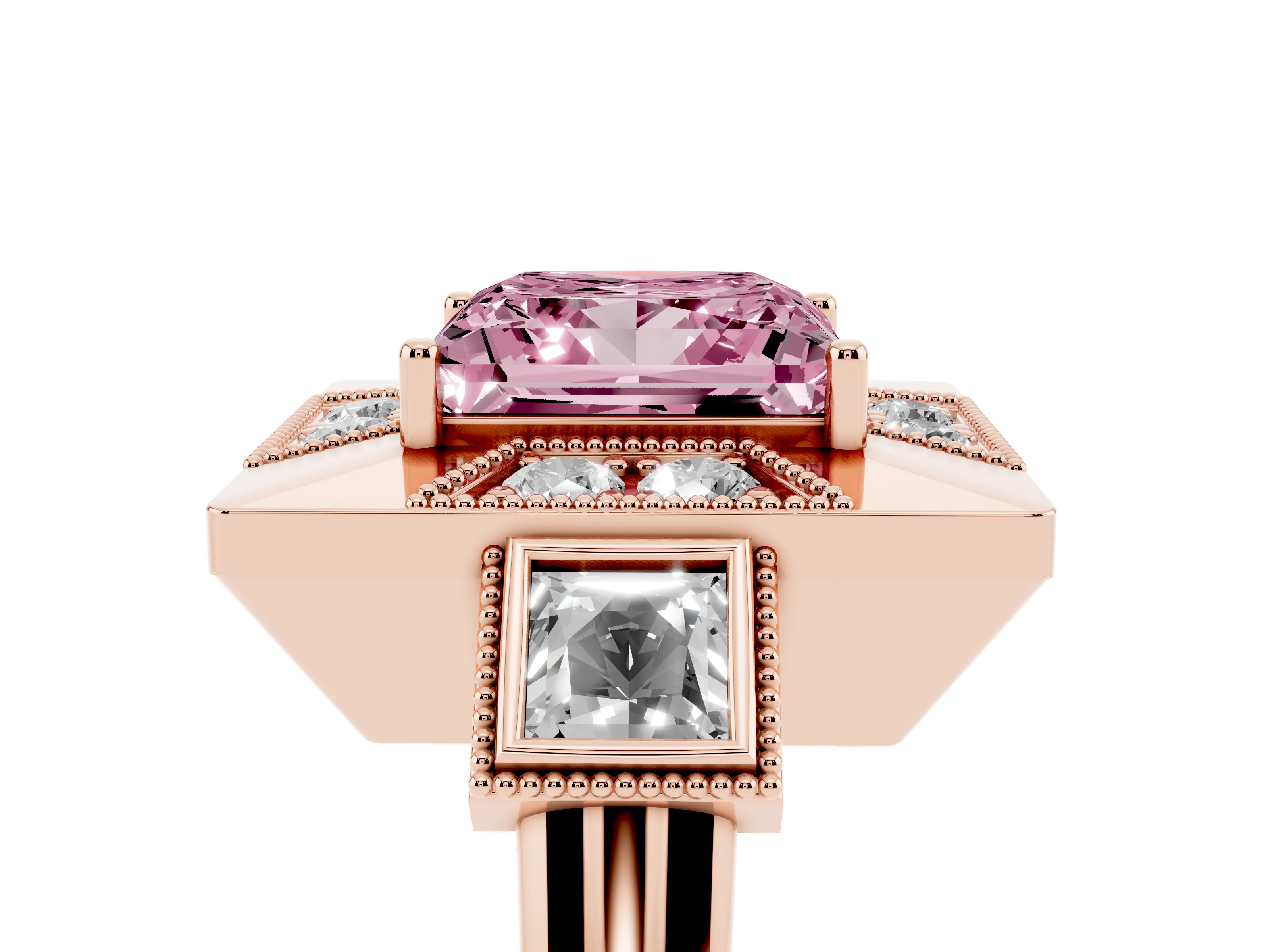 Fancy Pink Princess Cut Diamond Milgrain Halo Ring Set in Rose gold with Split Shank
