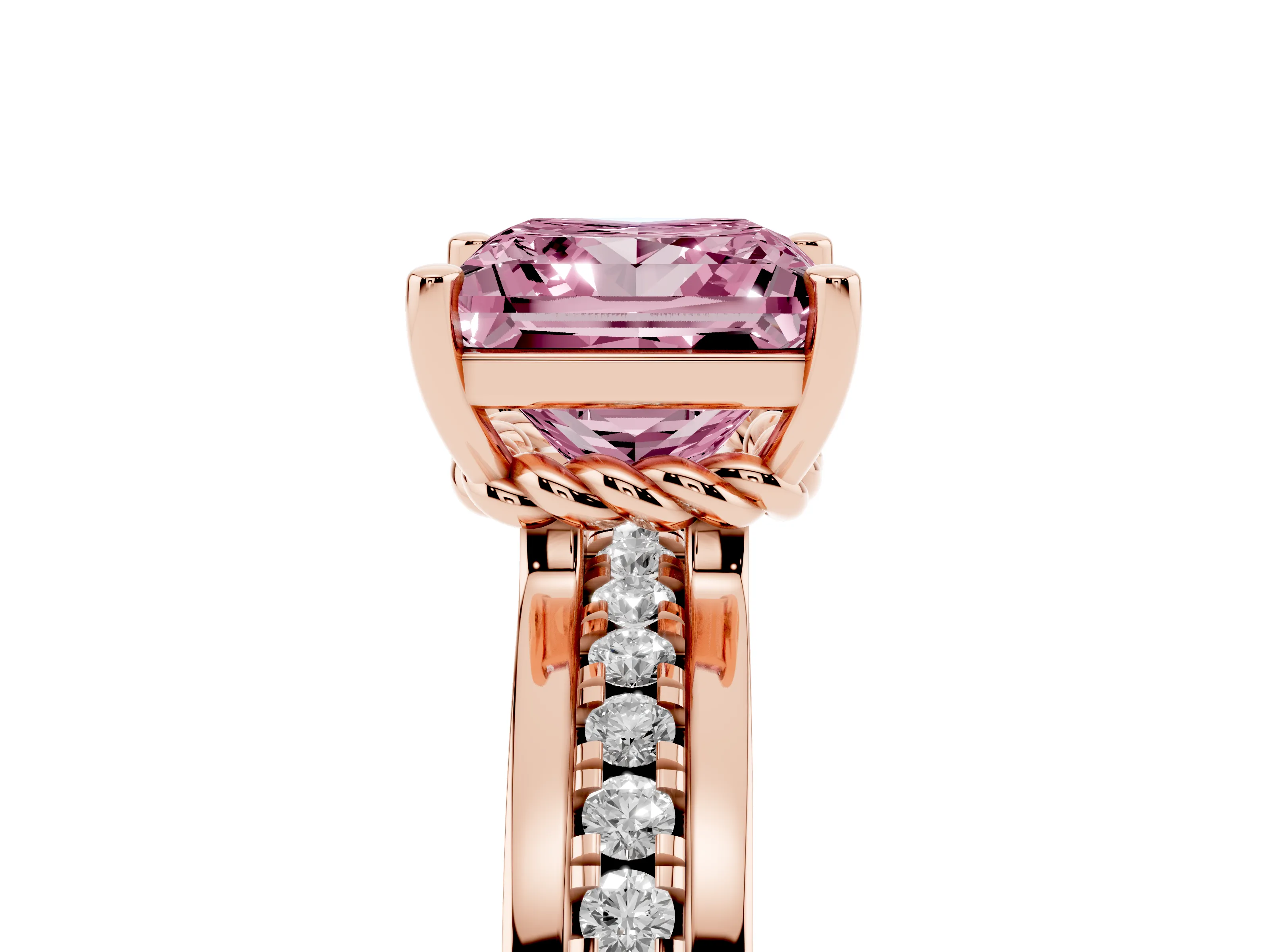 Fancy Pink Princess Cut Diamond Solitaire Ring Set in Rose gold with Channel Set Band and Prong Setting