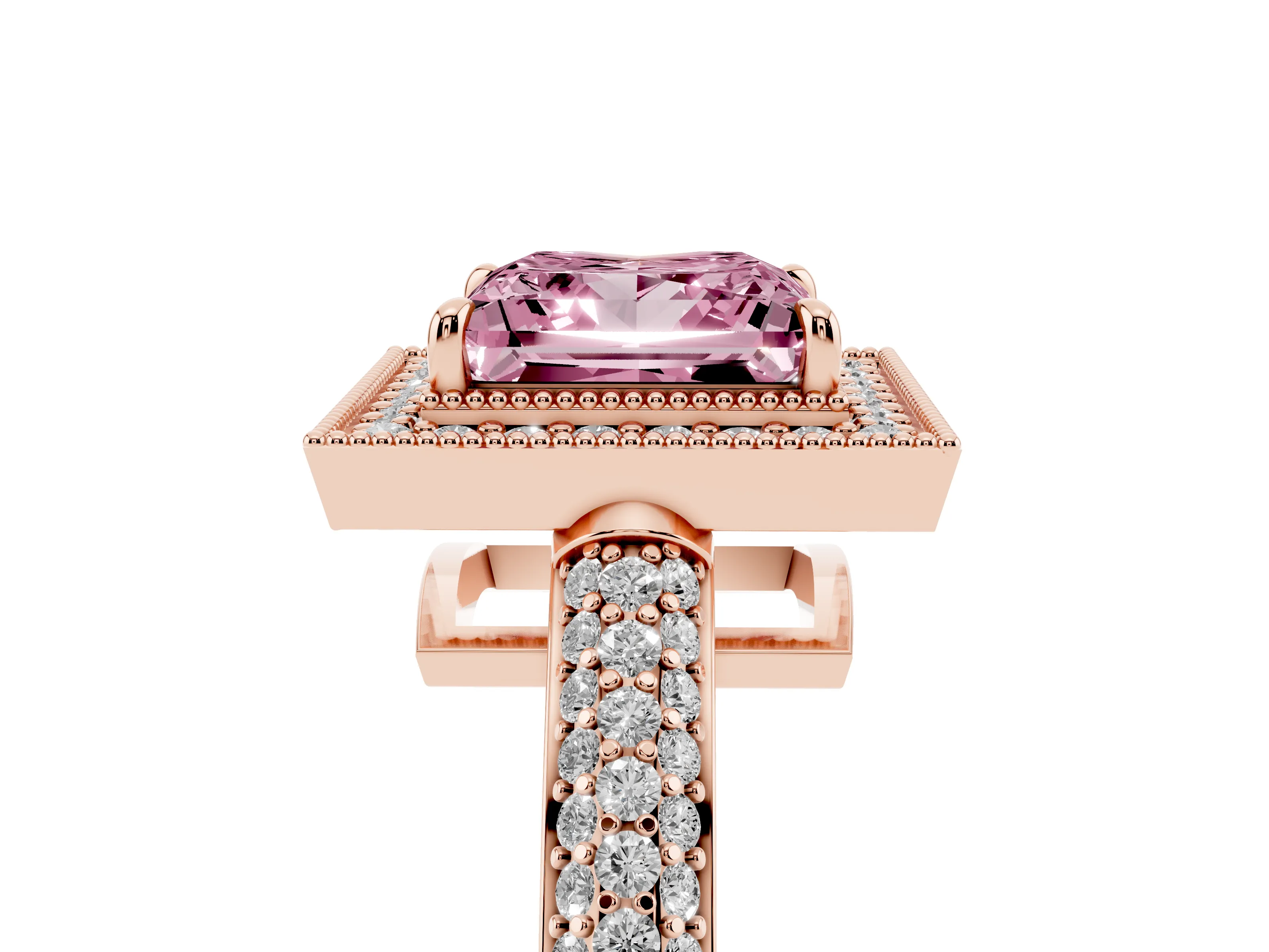Fancy Pink Princess Cut Diamond Halo Pavé Band Set in Rose gold with Prong Setting
