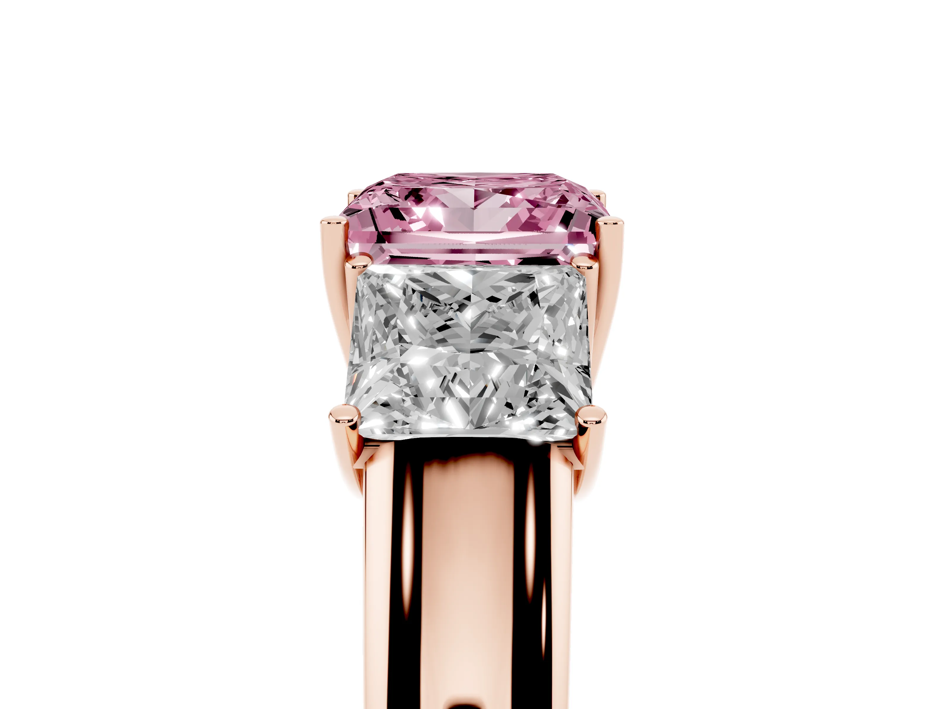Fancy Pink Three-Stone Princess Cut Diamond Ring Set in Rose gold with Matching Prong Settings and Plain Band