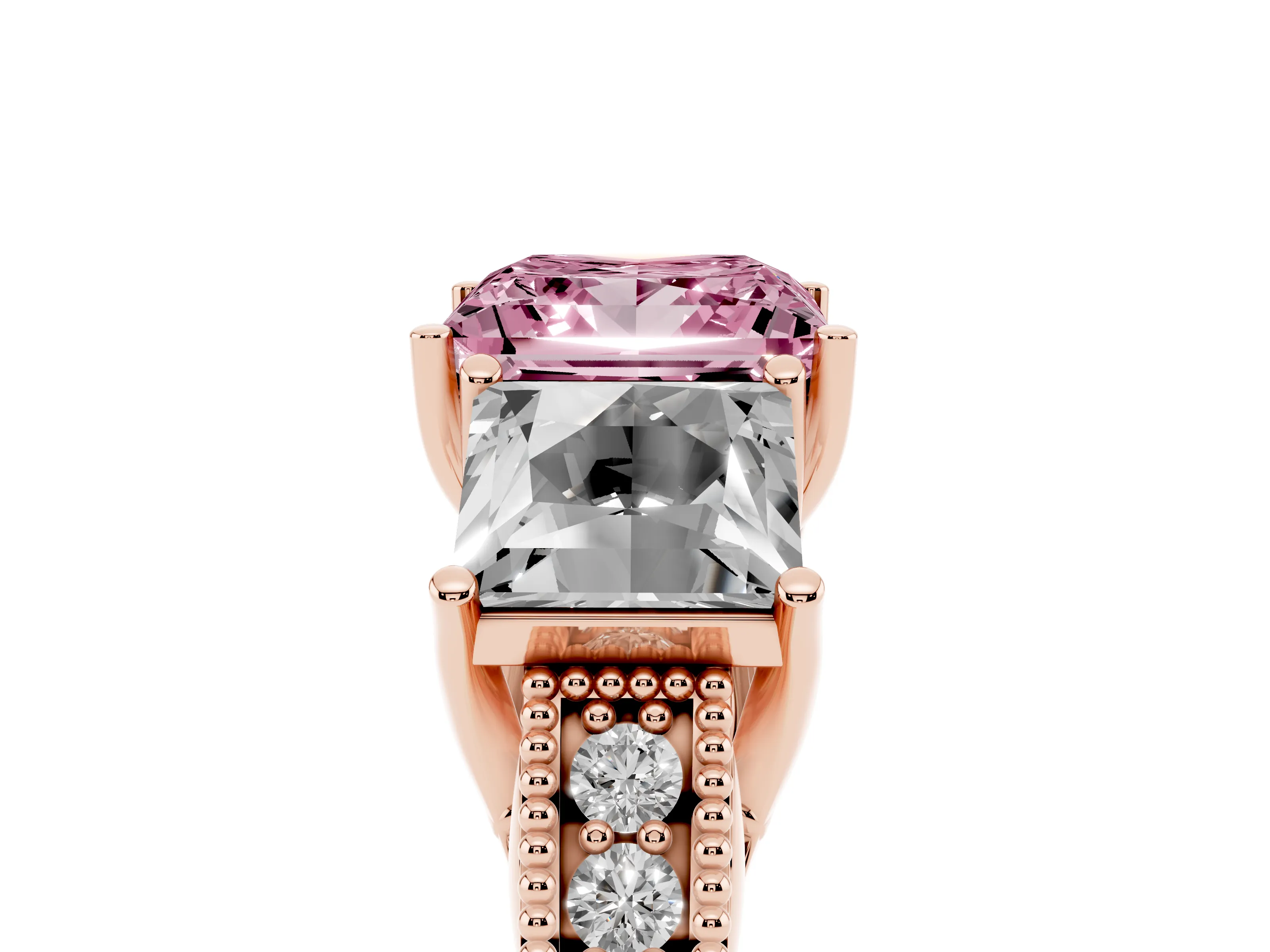 Fancy Pink Princess Cut Diamond Three-Stone Engagement Ring Set in Rose gold with Milgrain Pavé Band
