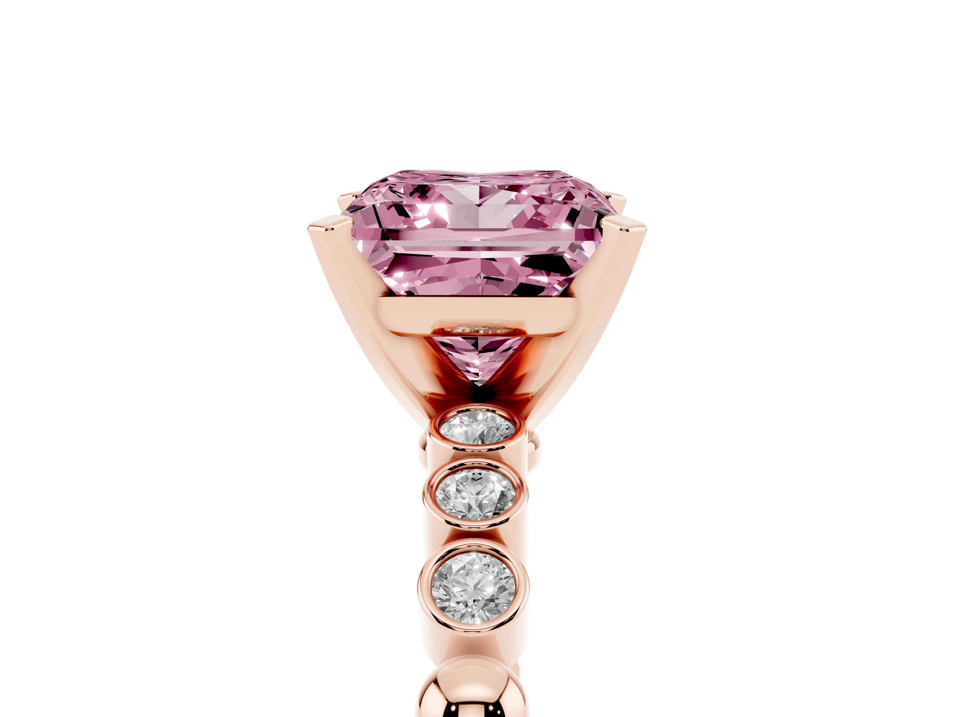 Fancy Pink Princess Cut Diamond Solitaire Engagement Ring Set in Rose gold with Bezel Accents on Beaded Band