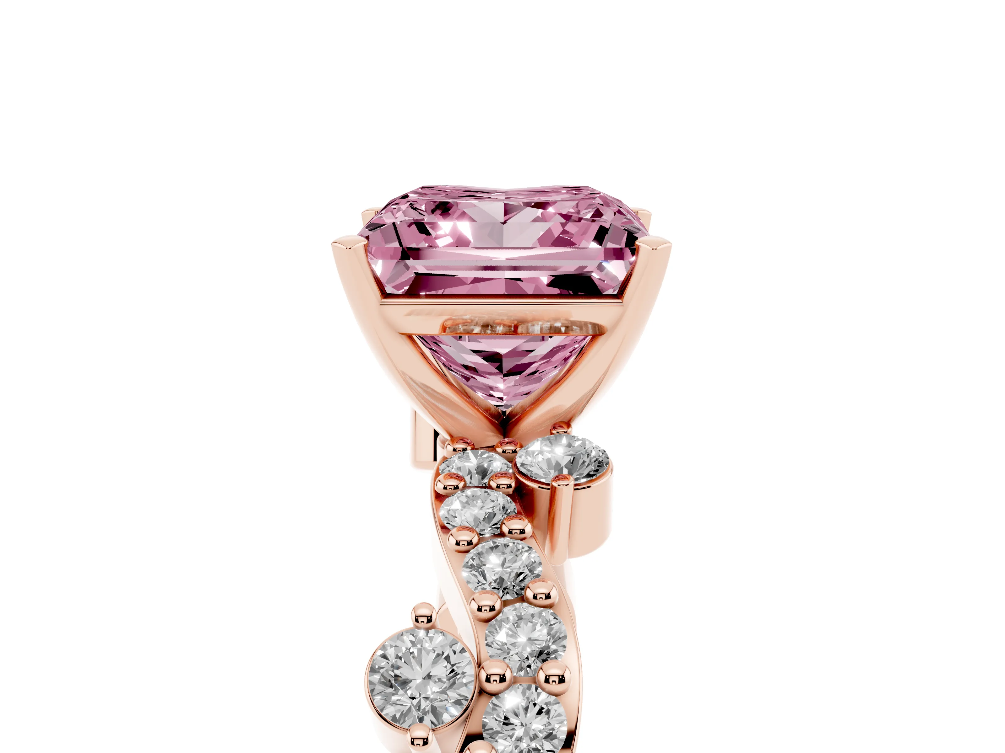 Fancy Pink Princess Cut Diamond Solitaire Twisted Band Set in Rose gold with Pavé Setting