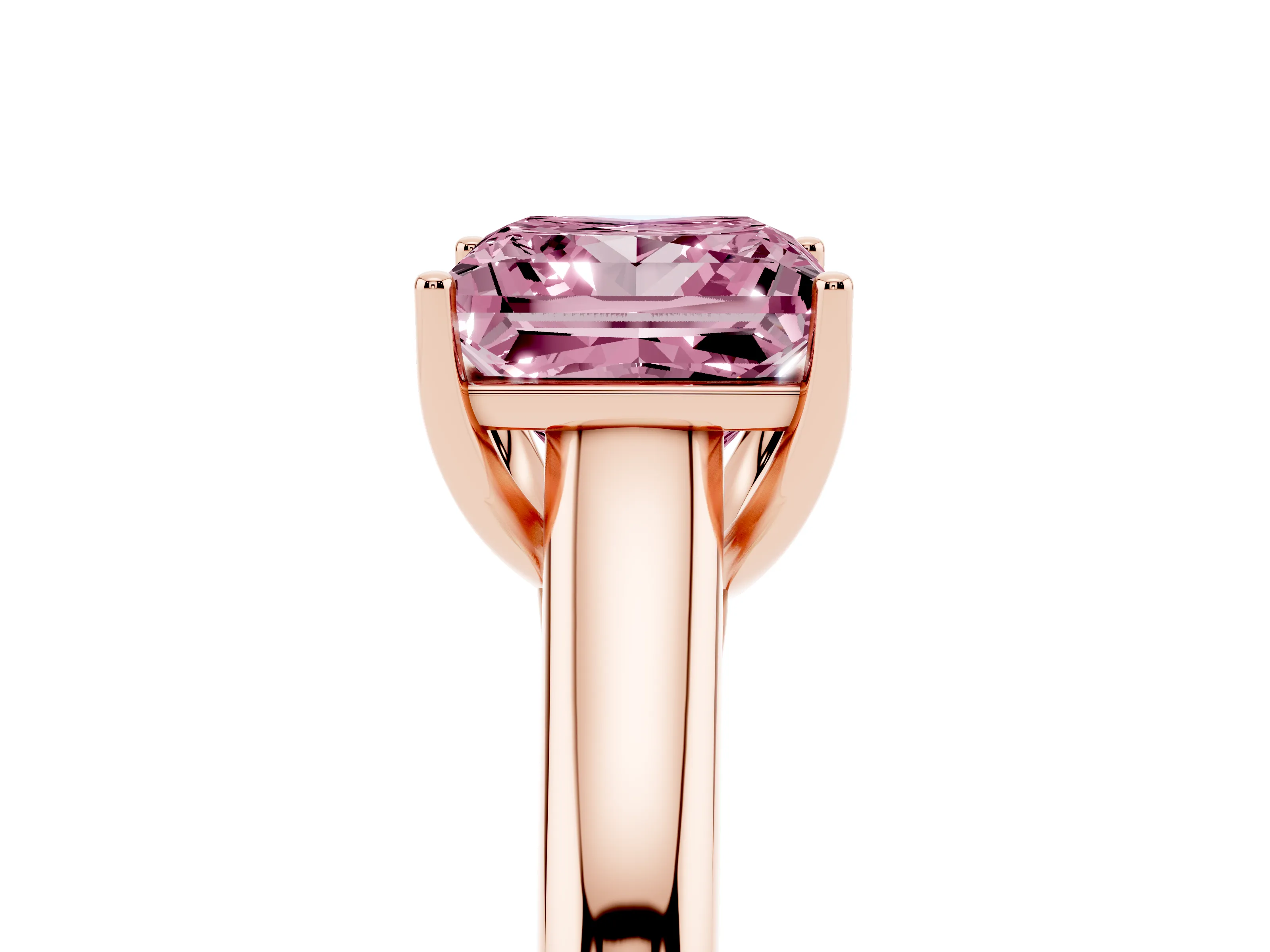 Fancy Pink Princess Cut Diamond Solitaire Engagement Ring Set in Rose gold with Subtly Tapered Band and Prong Setting