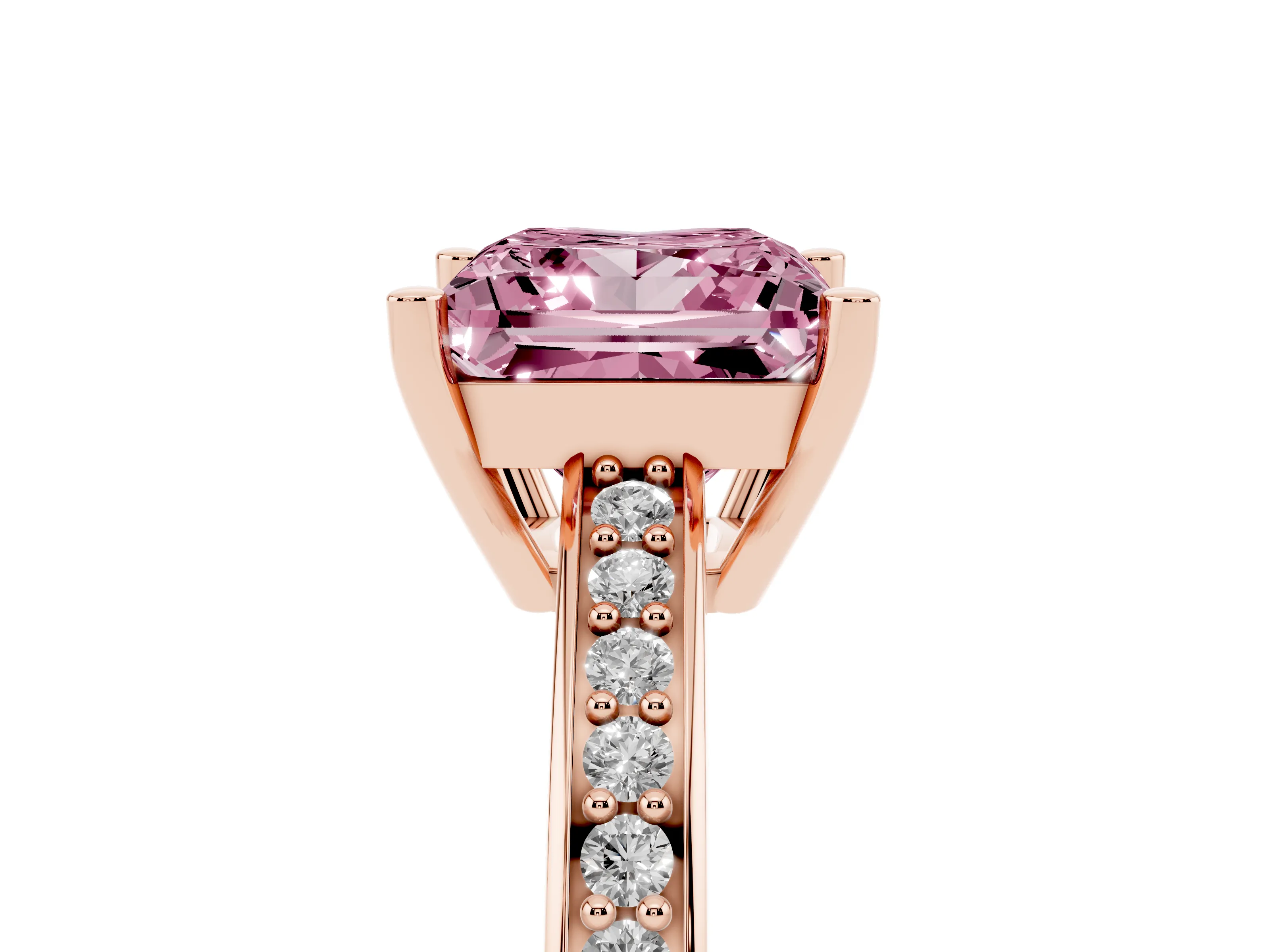 Fancy Pink Princess Cut Diamond Pavé Band Prong Set Solitaire Ring Set in Rose gold