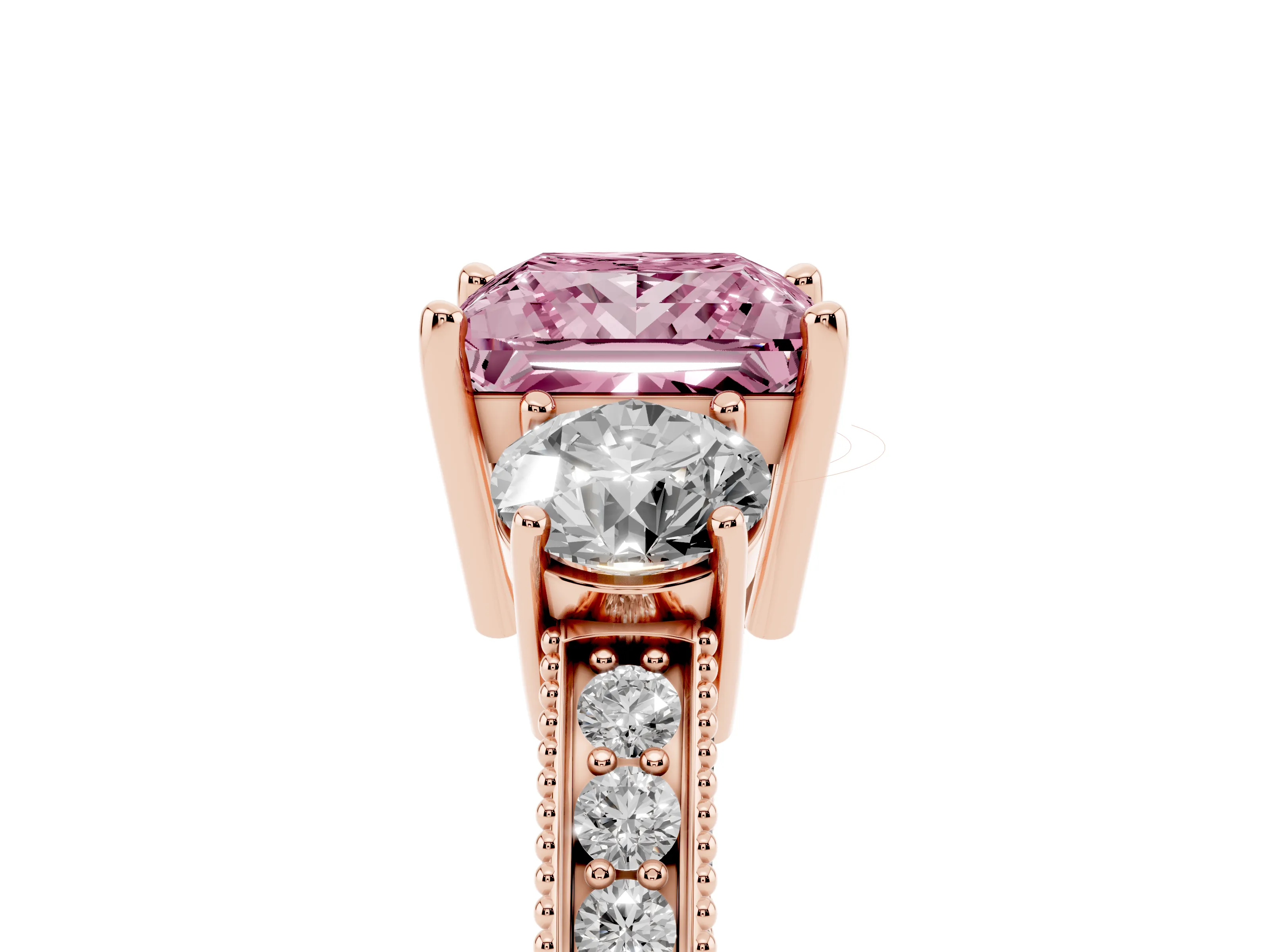 Fancy Pink Princess Cut Diamond Three-Stone Ring Set in Rose gold with Round Side Stones and Pavé Band