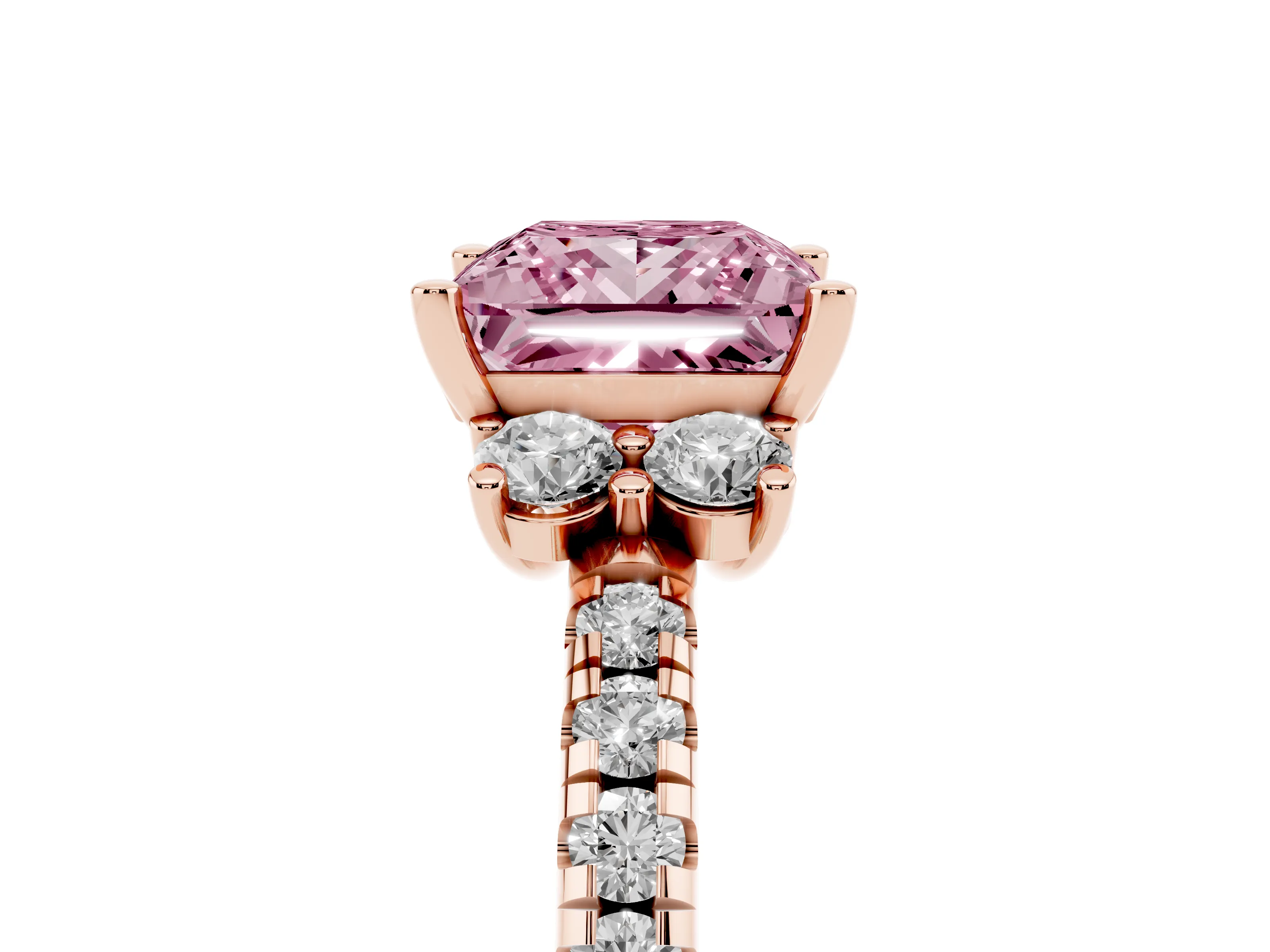 Fancy Pink Princess Cut Diamond Three-Stone Pavé Ring Set in Rose gold with Prong Setting