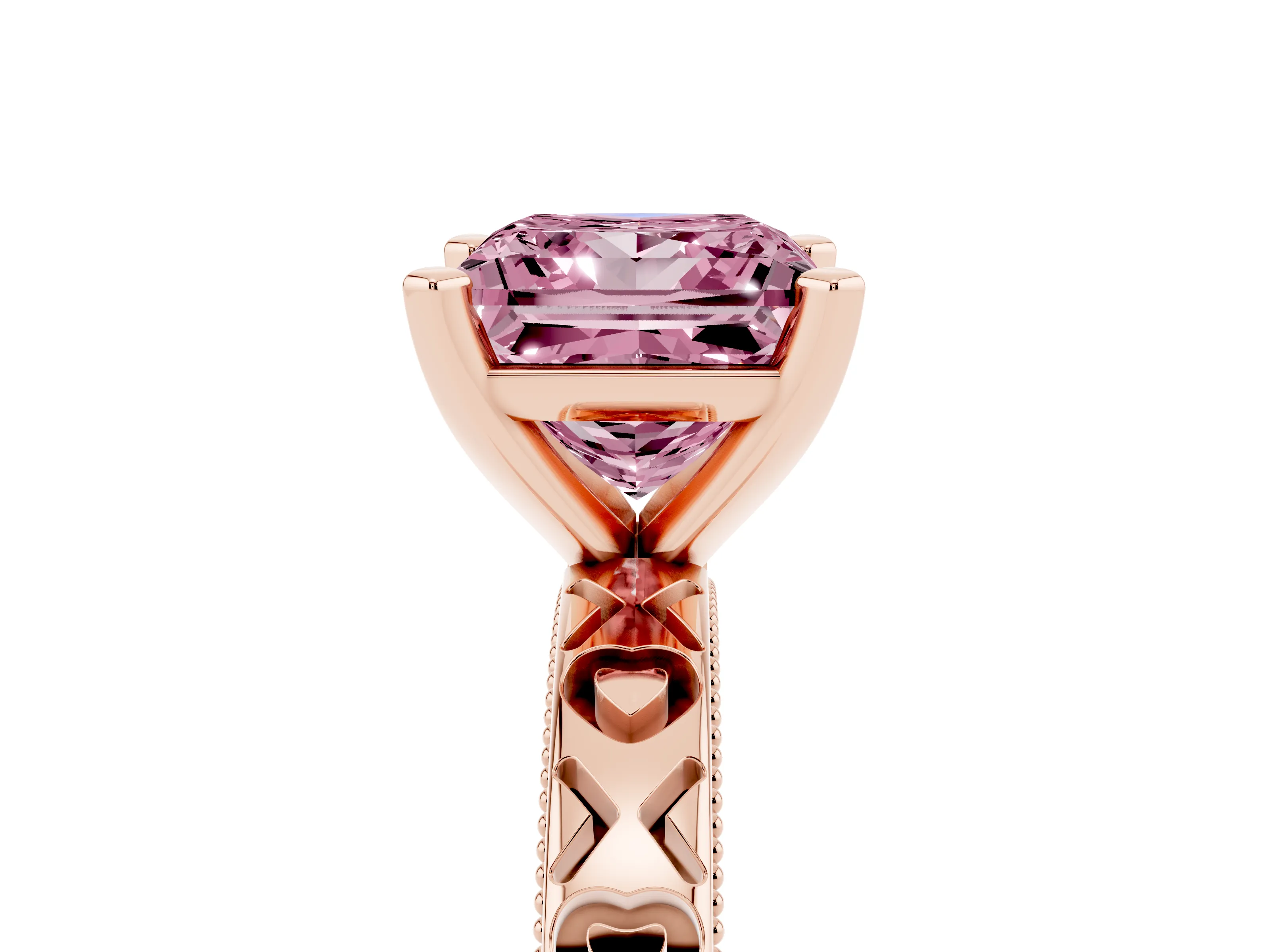 Fancy Pink Princess Cut Diamond Solitaire Engagement Ring Set in Rose gold with XO Engraved Band and Prong Setting