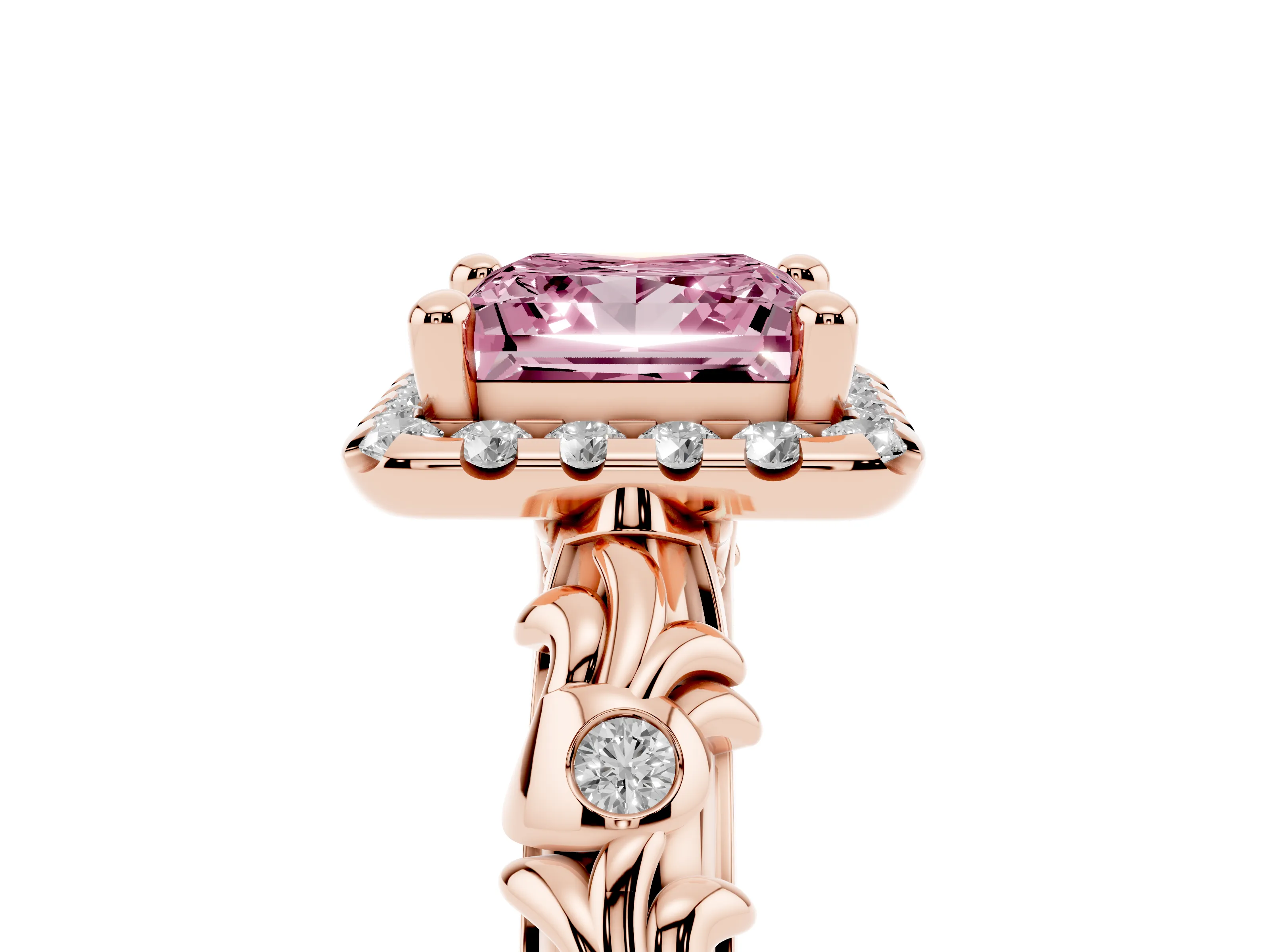 Fancy Pink Princess Cut Diamond Halo Ring Set in Rose gold with Filigree Leaf Band and Prong Setting