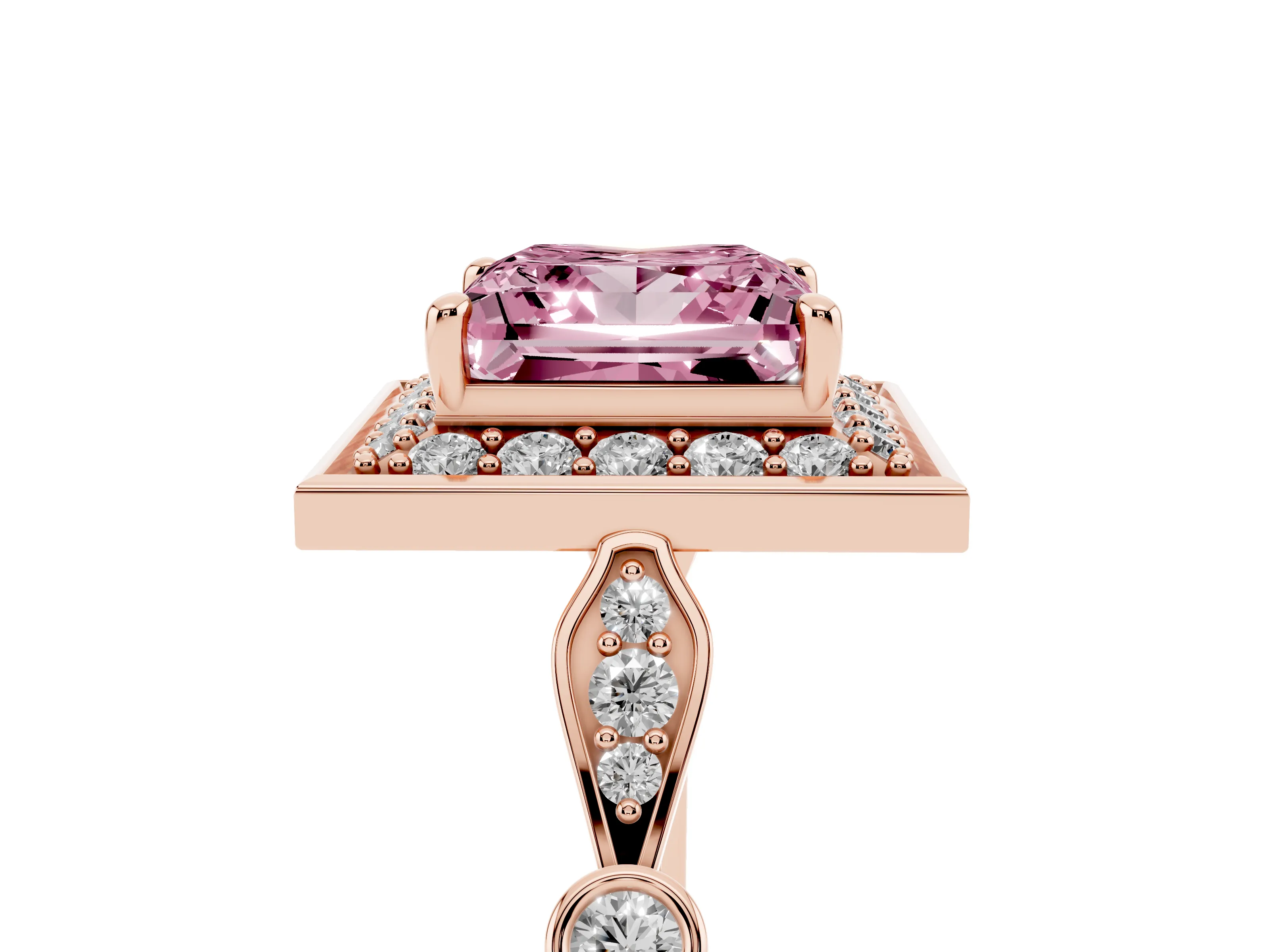 Fancy Pink Princess Cut Diamond Halo Engagement Ring Set in Rose gold with Twisted Band and Prong Setting