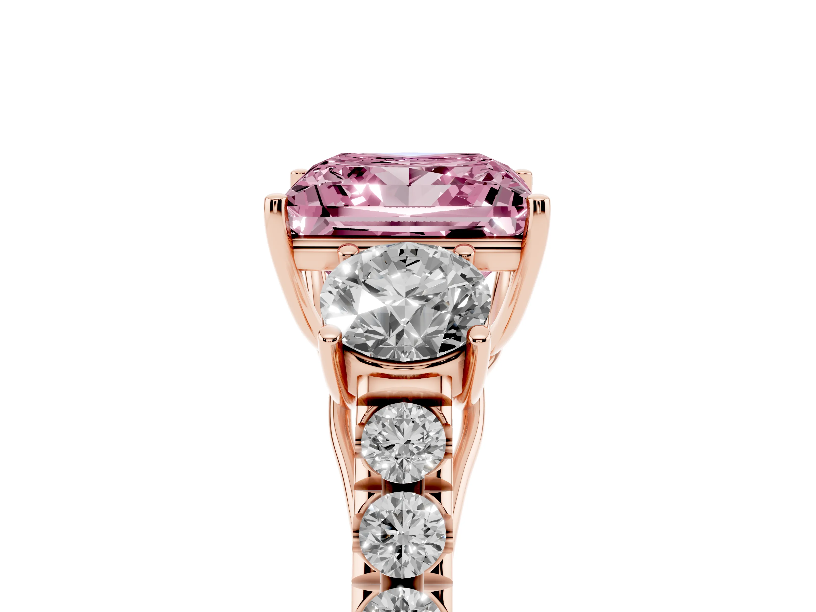 Fancy Pink Princess Cut Diamond Three-Stone Ring Set in Rose gold with Round Side Stones and Delicate Pavé Band