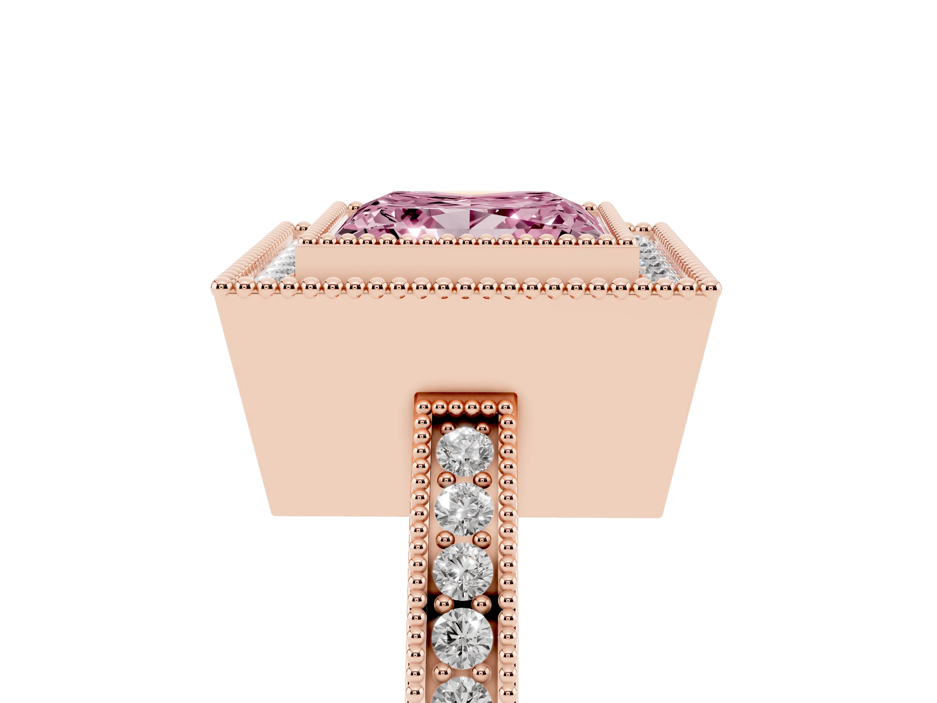 Fancy Pink Princess Cut Diamond Halo Ring Set in Rose gold with Pavé Band and Milgrain-Edged Prongs