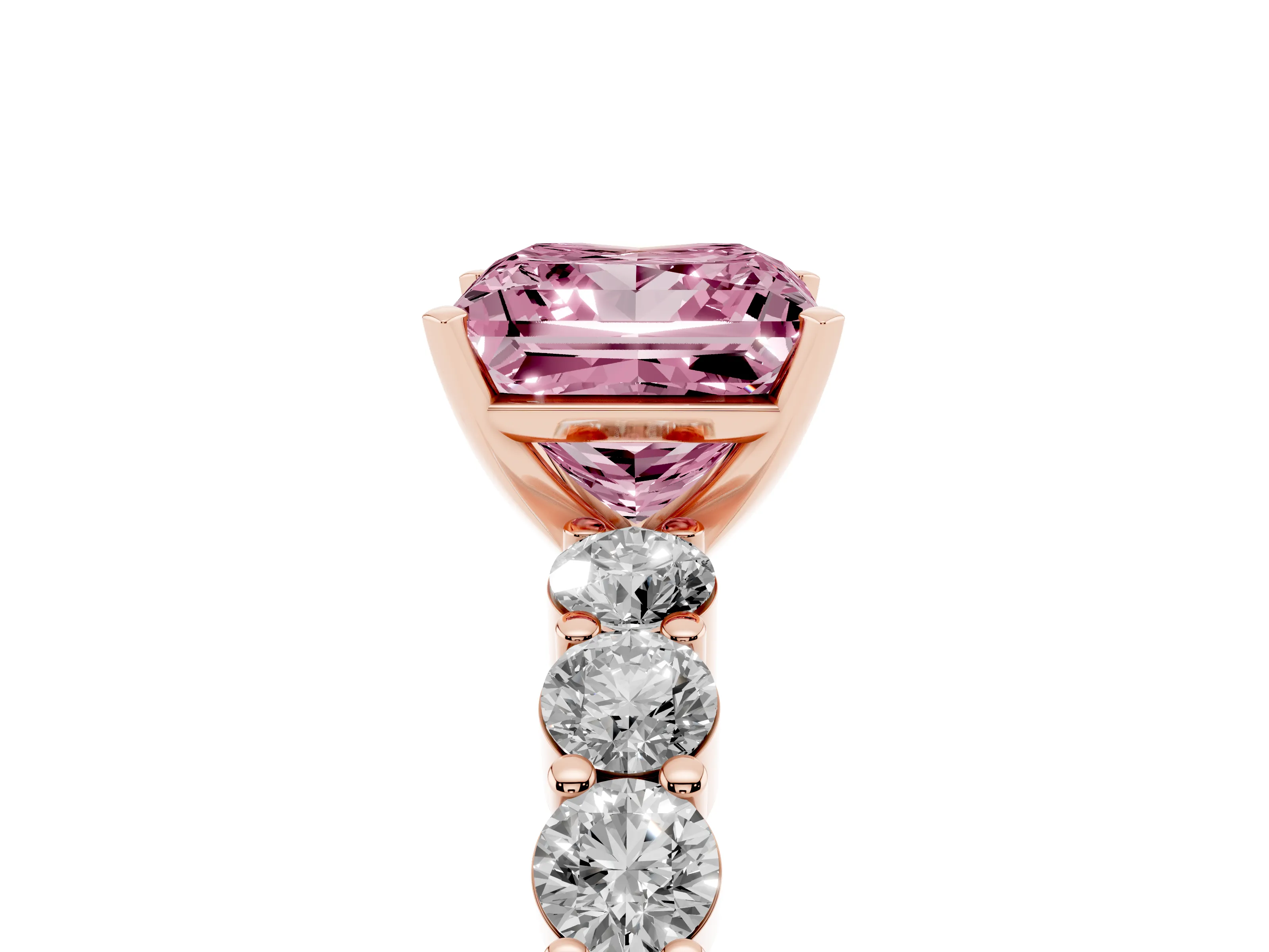 Fancy Pink Princess Cut Diamond Solitaire Ring Set in Rose gold with Shared Prong Round Side Stones