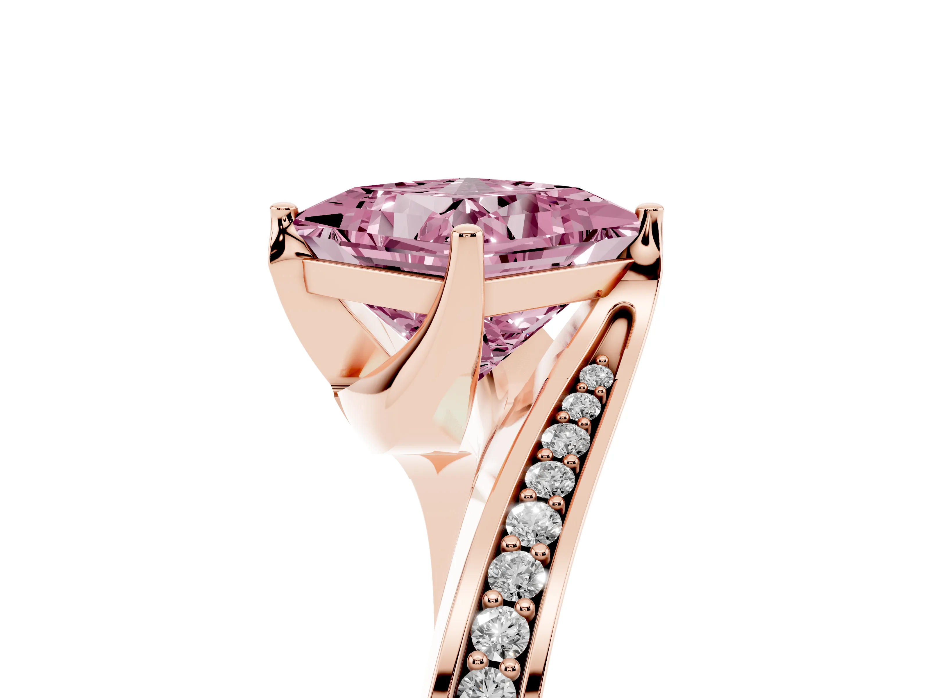 Fancy Pink Princess Cut Diamond Solitaire Ring Set in Rose gold with Intertwined Pavé Twist Band