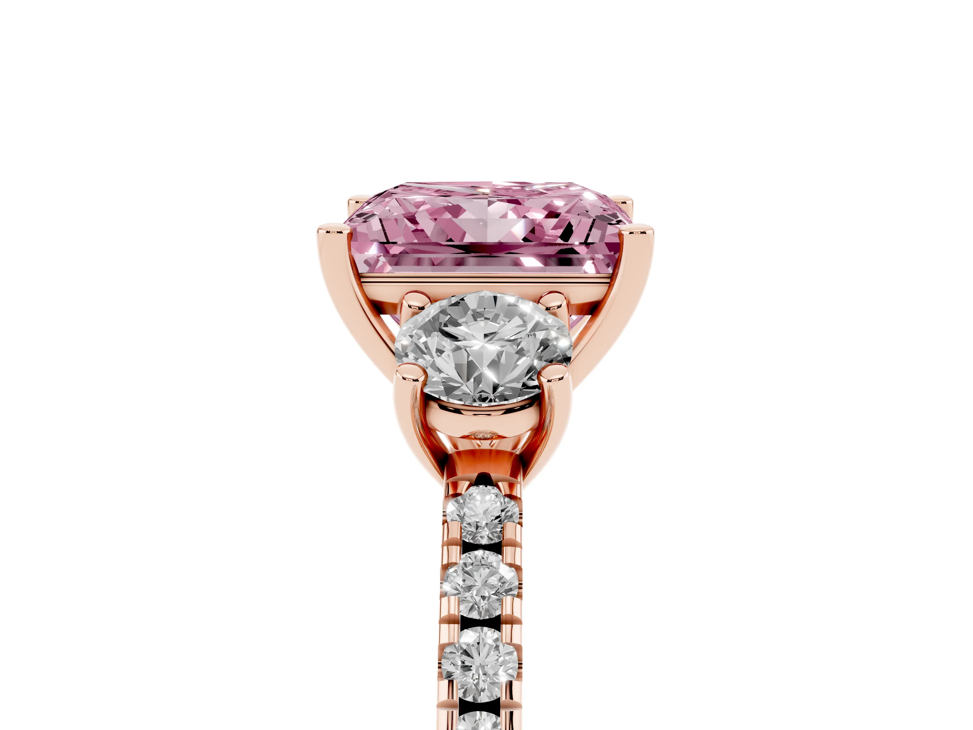 Fancy Pink Princess Cut Diamond Three-Stone Ring Set in Rose gold with Pavé Band and Graduated Sides