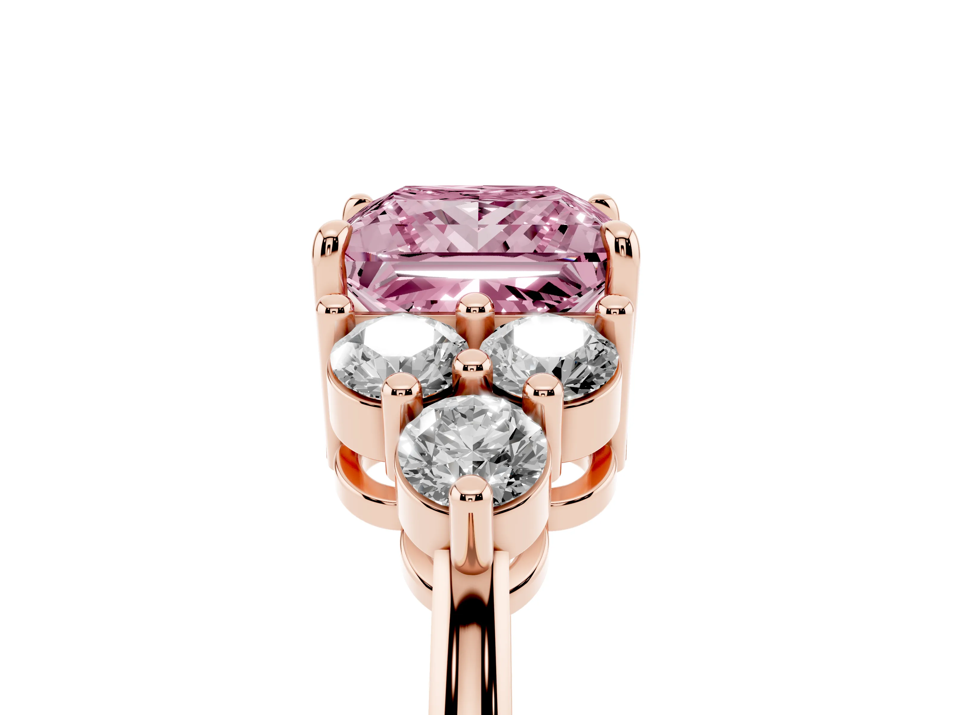 Fancy Pink Princess Cut Diamond Solitaire Ring Set in Rose gold with Cluster Accents on Each Side