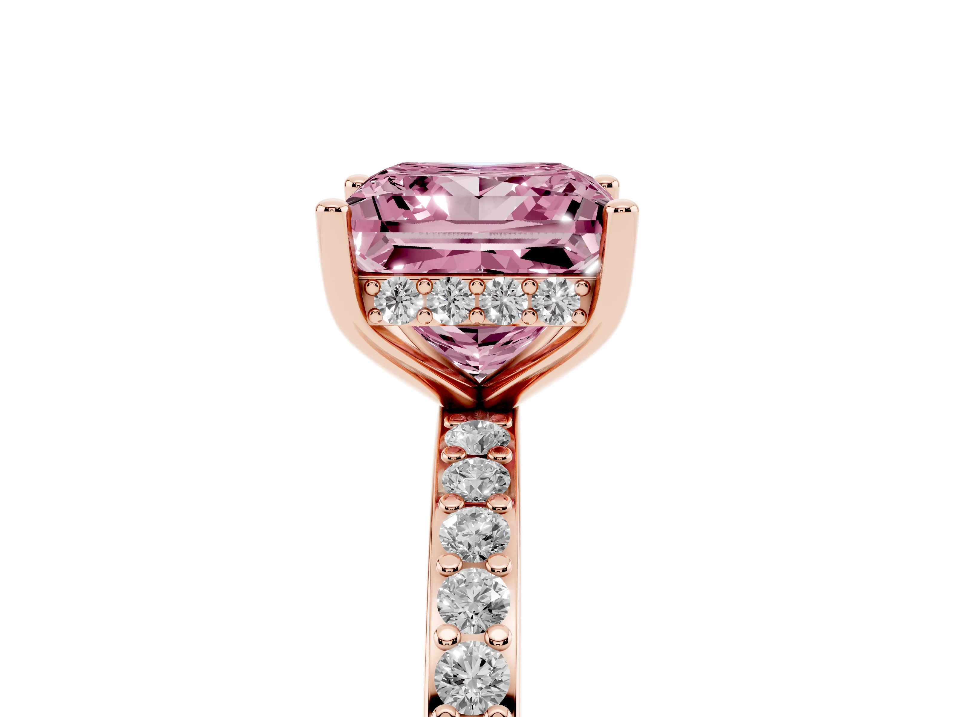 Fancy Pink Princess Cut Diamond Pavé Band Ring Set in Rose gold with Prong-Set Center Stone