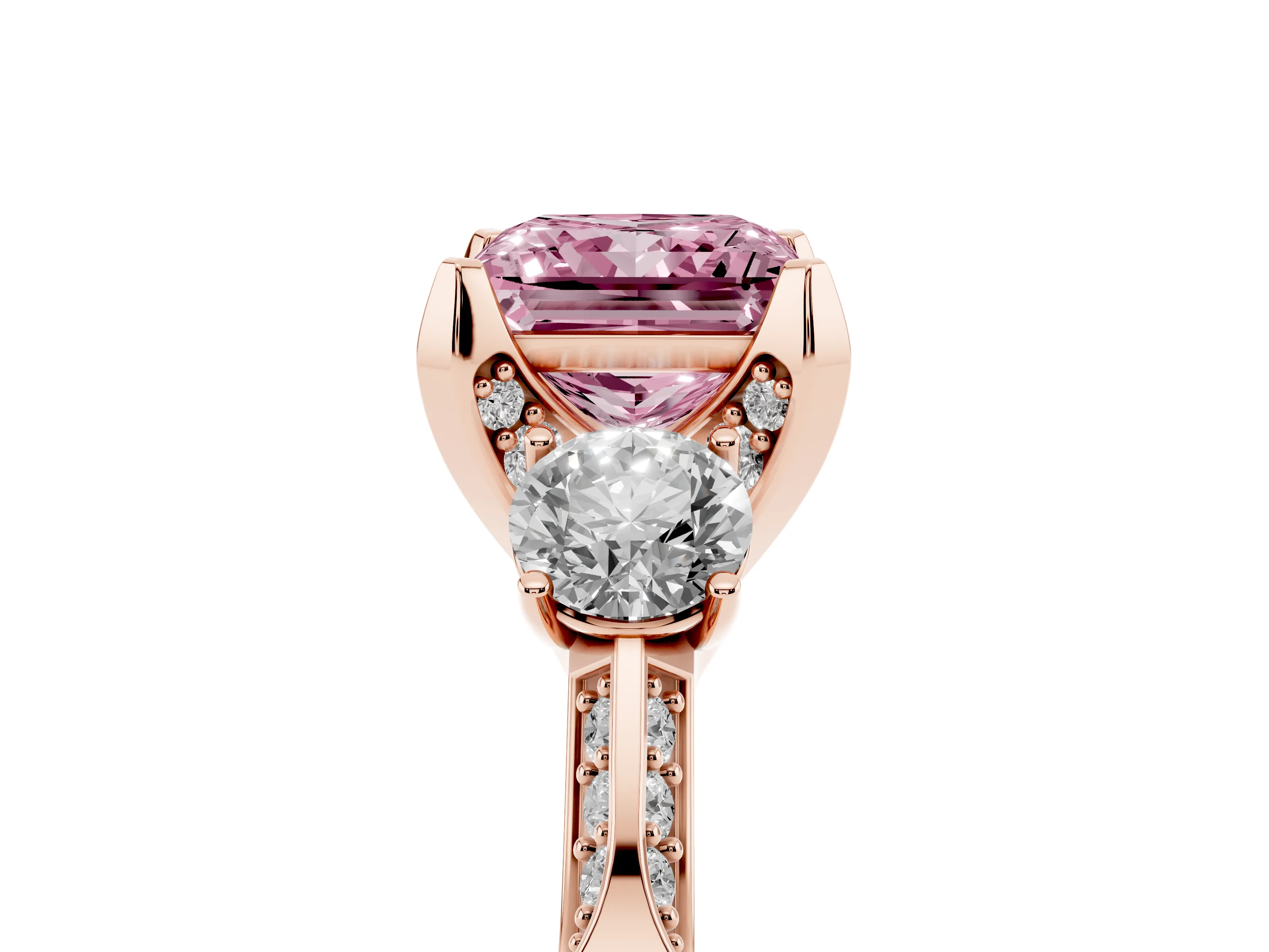 Fancy Pink Princess Cut Diamond Three-Stone Ring Set in Rose gold with Pavé Band and Smaller Side Stones