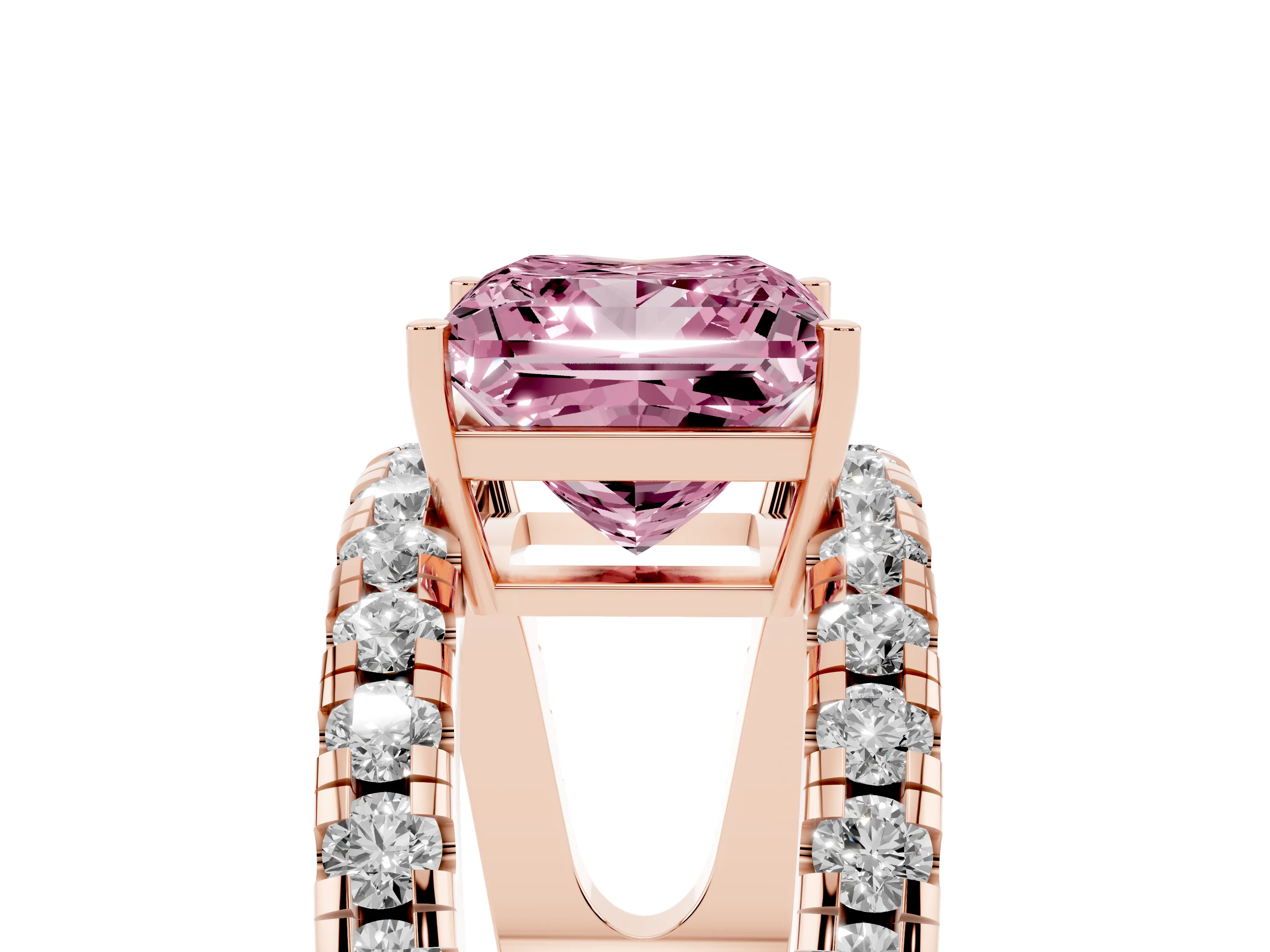 Fancy Pink Princess Cut Diamond Split Shank Pavé Solitaire Ring Set in Rose gold with Open Shank Design
