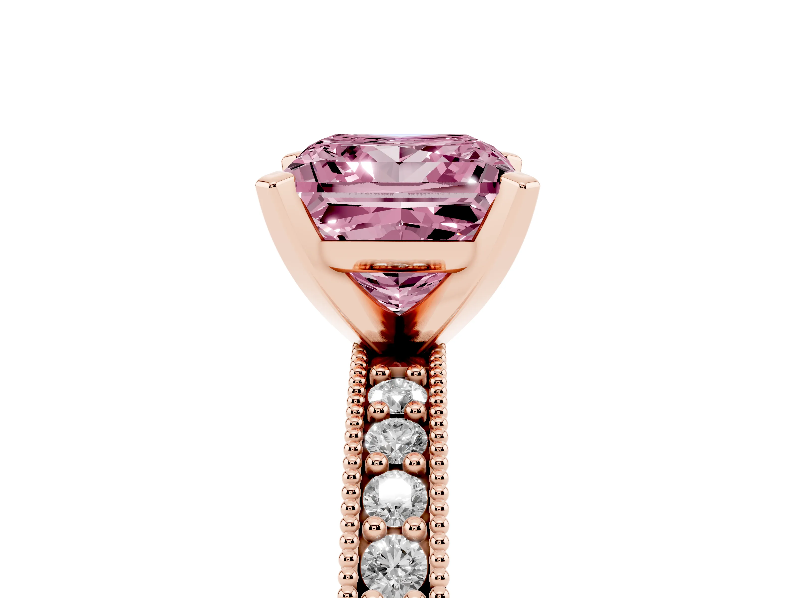 Fancy Pink Princess Cut Diamond Milgrain Pavé Engagement Ring Set in Rose gold with Prong Setting