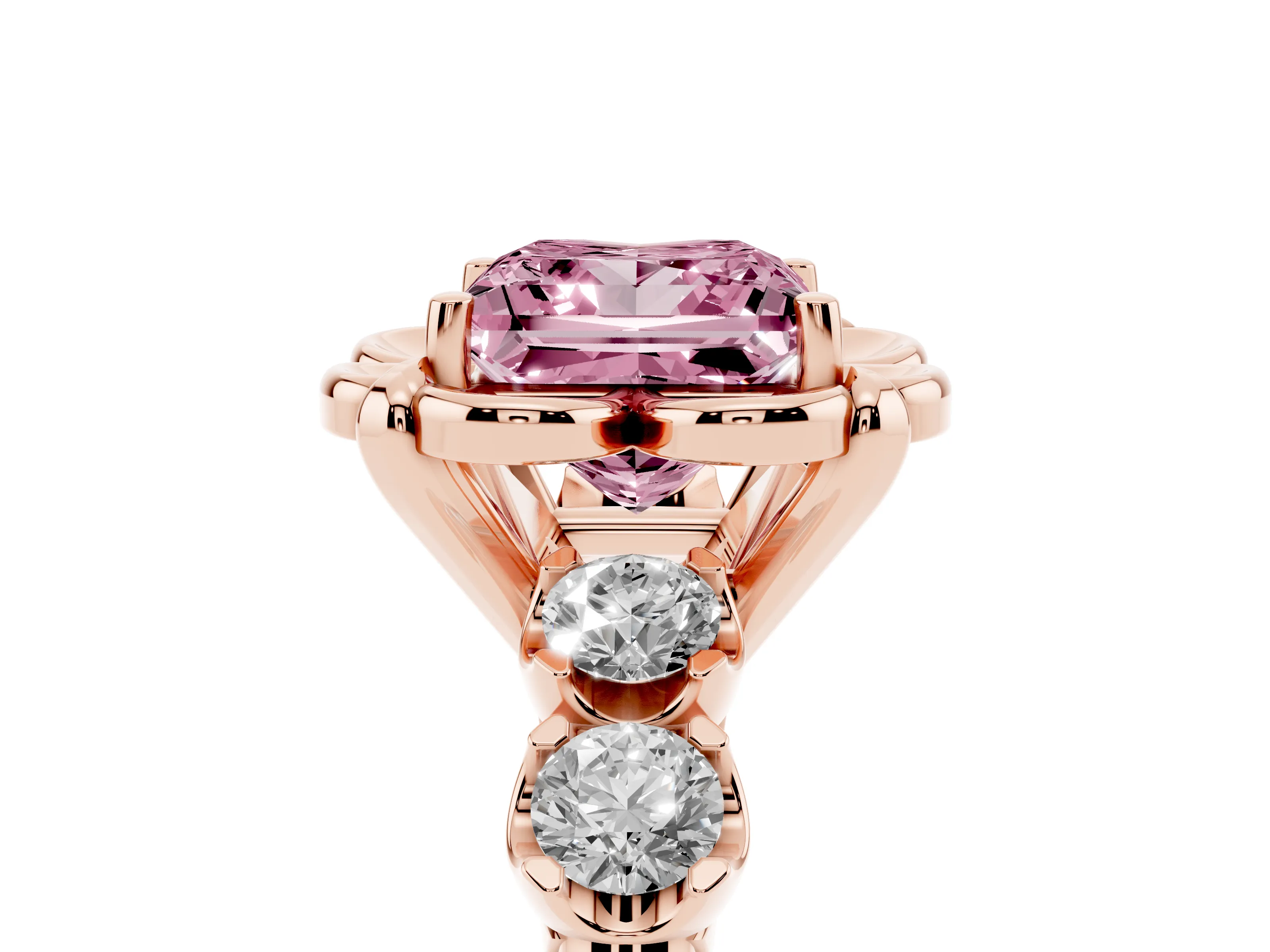 Fancy Pink Princess Cut Diamond Floral Halo Ring Set in Rose gold with Shared Prong Band