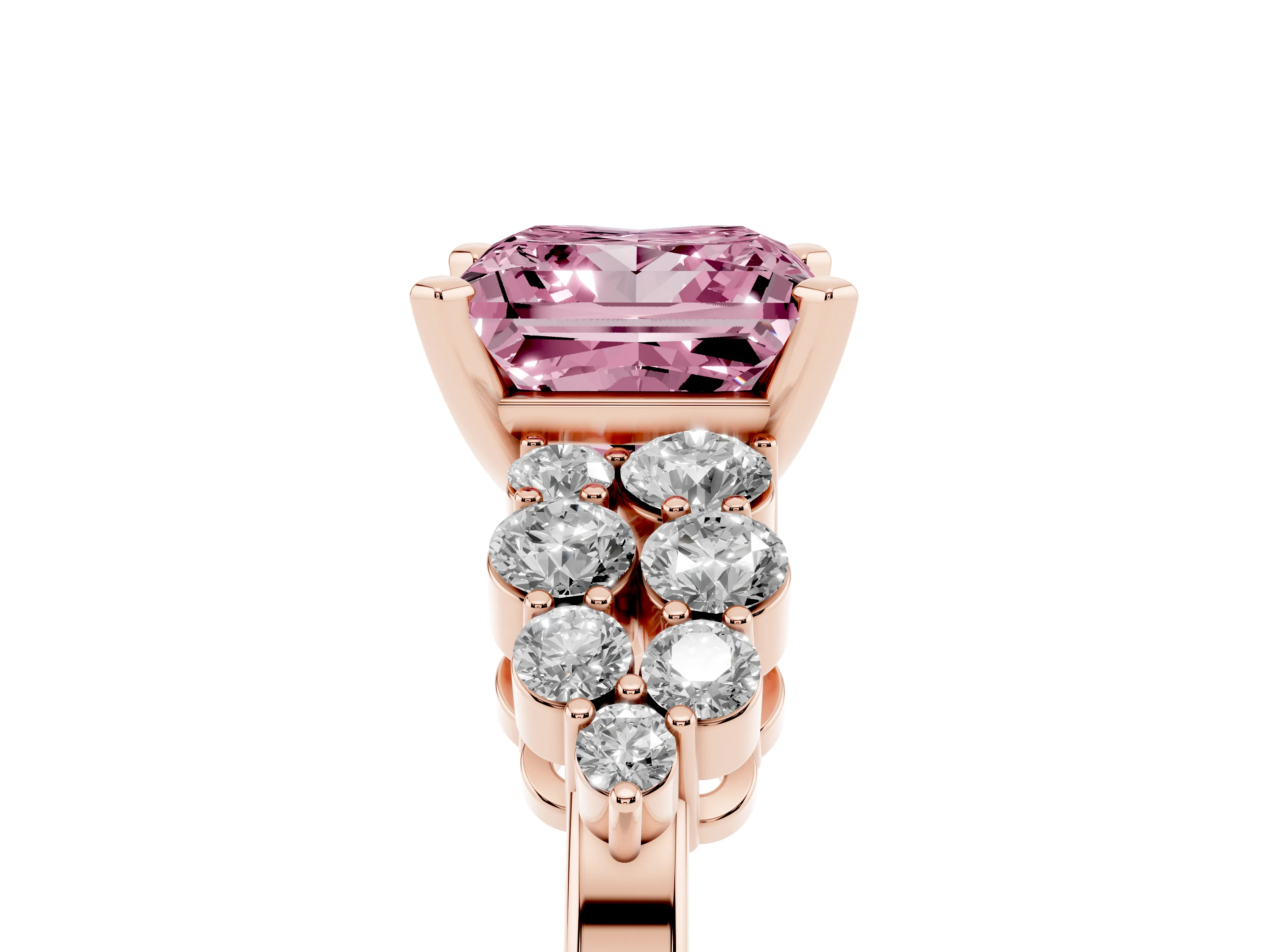 Fancy Pink Princess Cut Diamond Cluster Engagement Ring Set in Rose gold with Pavé Band and Prong Setting