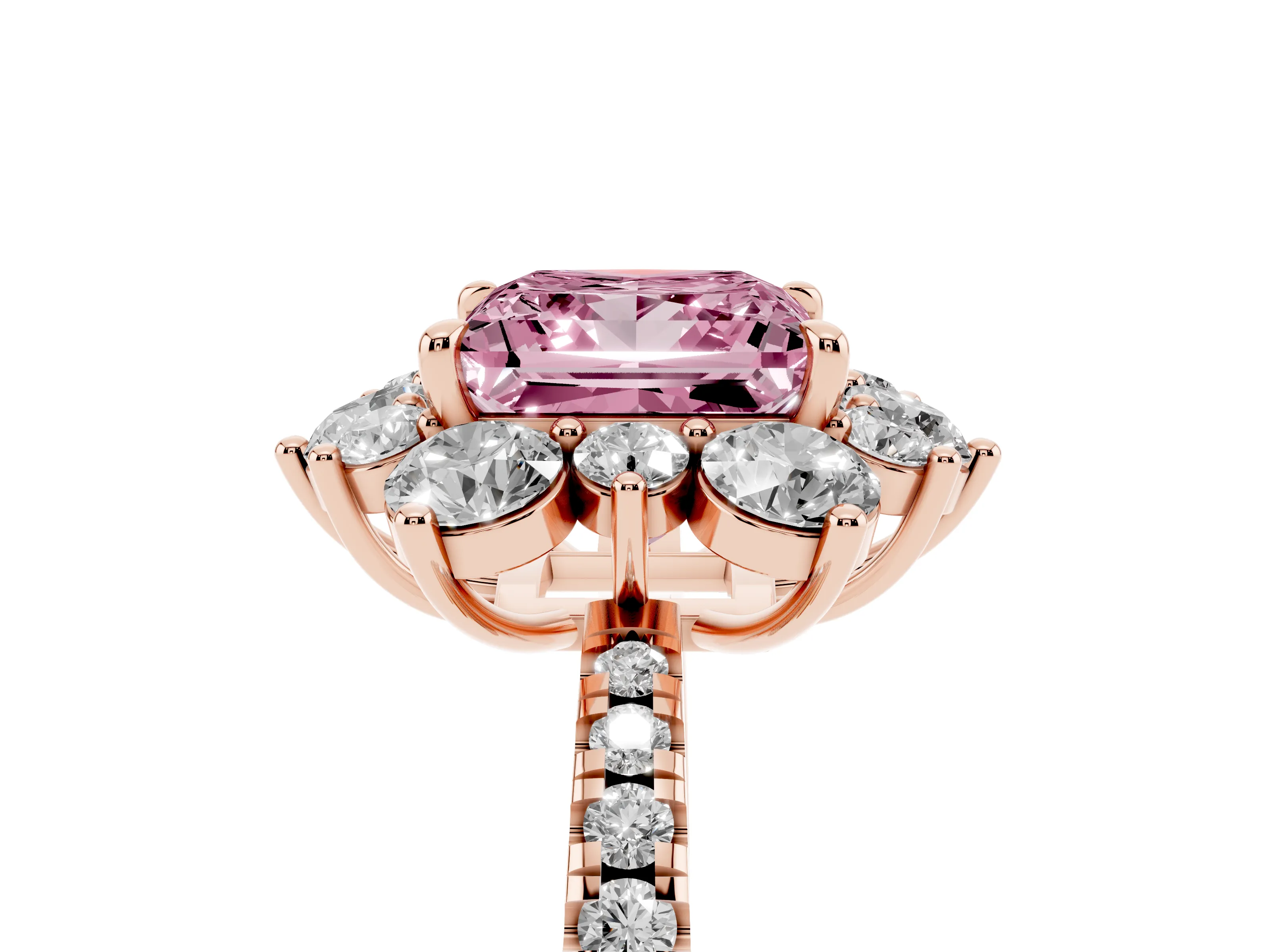 Fancy Pink Princess Cut Diamond Floral Halo Ring Set in Rose gold with Round Pavé Band and Prong Setting