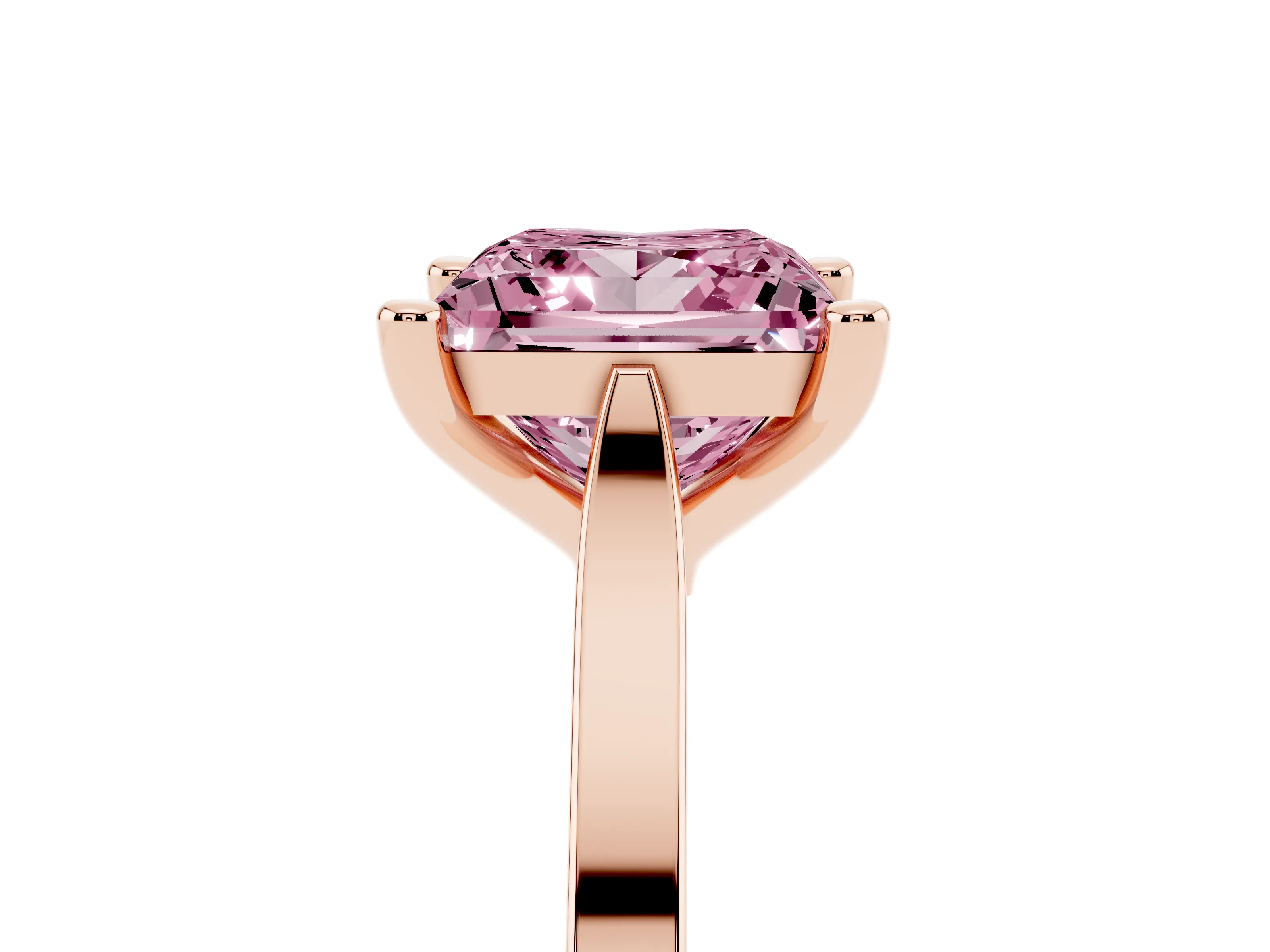 Fancy Pink Princess Cut Diamond Solitaire Ring Set in Rose gold with Prong Setting and Tapered Band