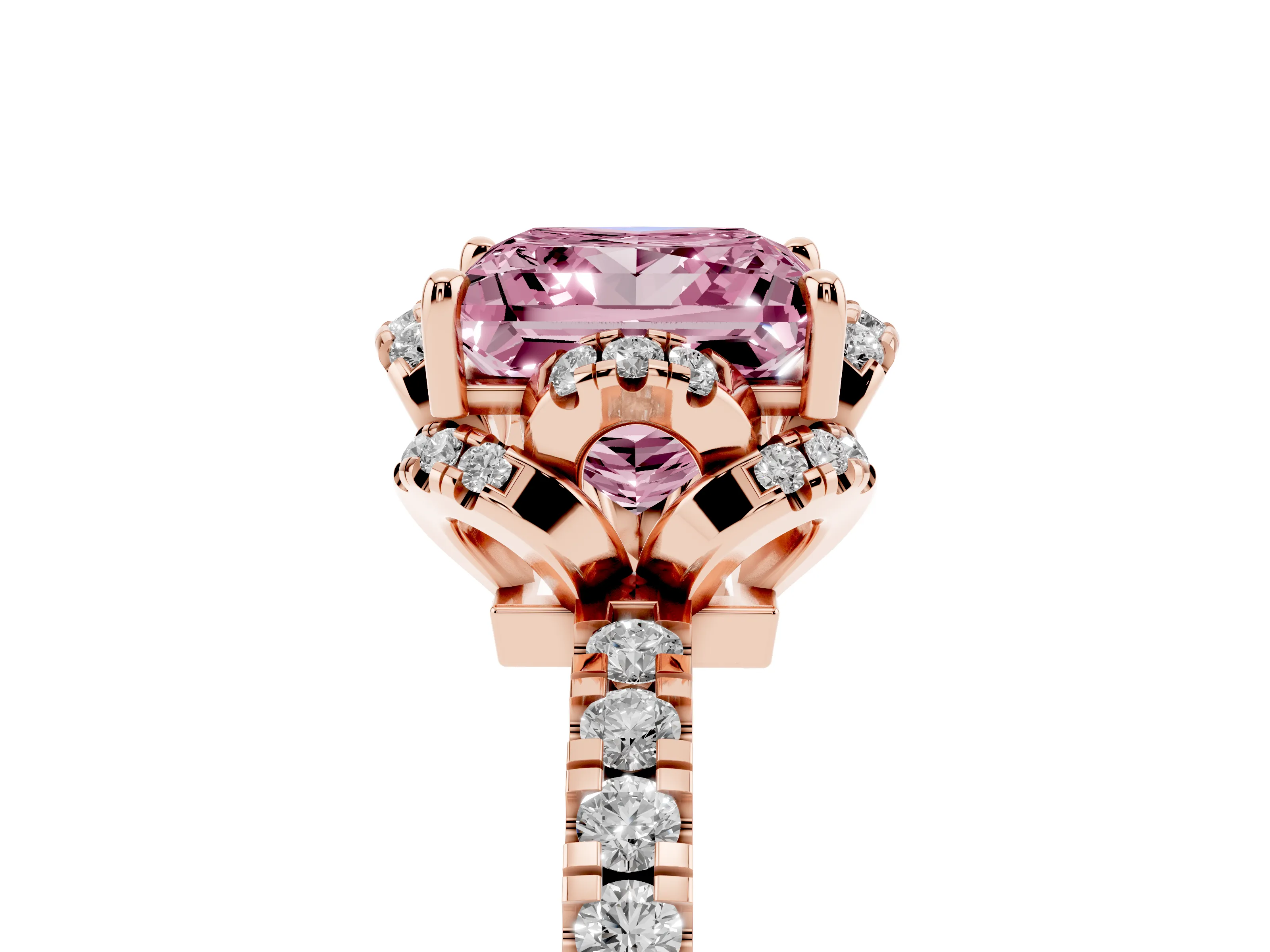 Fancy Pink Princess Cut Diamond Halo Pavé Band Ring Set in Rose gold with Prong-Held Center