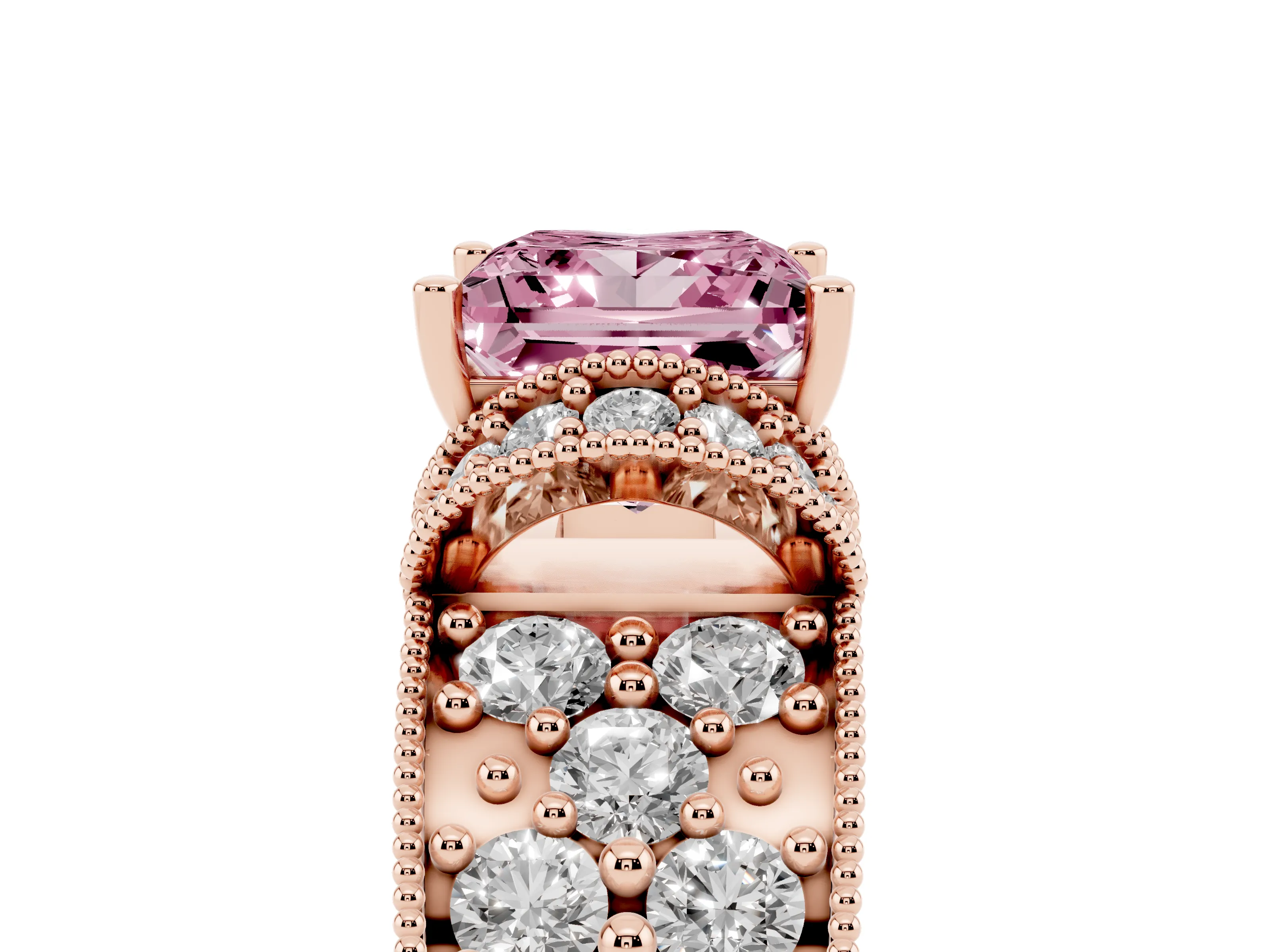 Fancy Pink Princess Cut Diamond Milgrain Halo Pavé Engagement Ring Set in Rose gold with Prong Setting