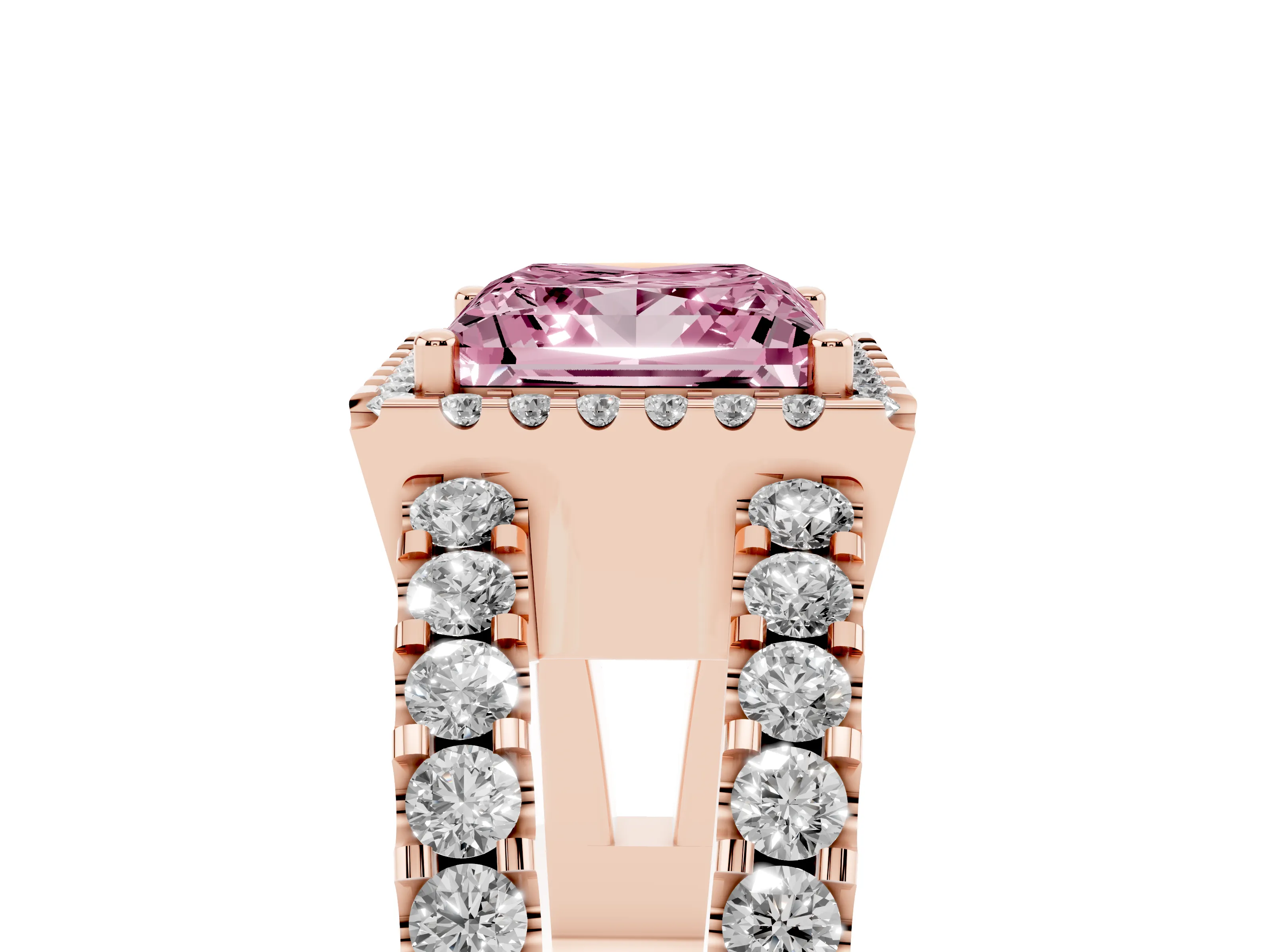 Fancy Pink Princess Cut Diamond Halo Ring Set in Rose gold with Pavé Split Shank and Prong Setting