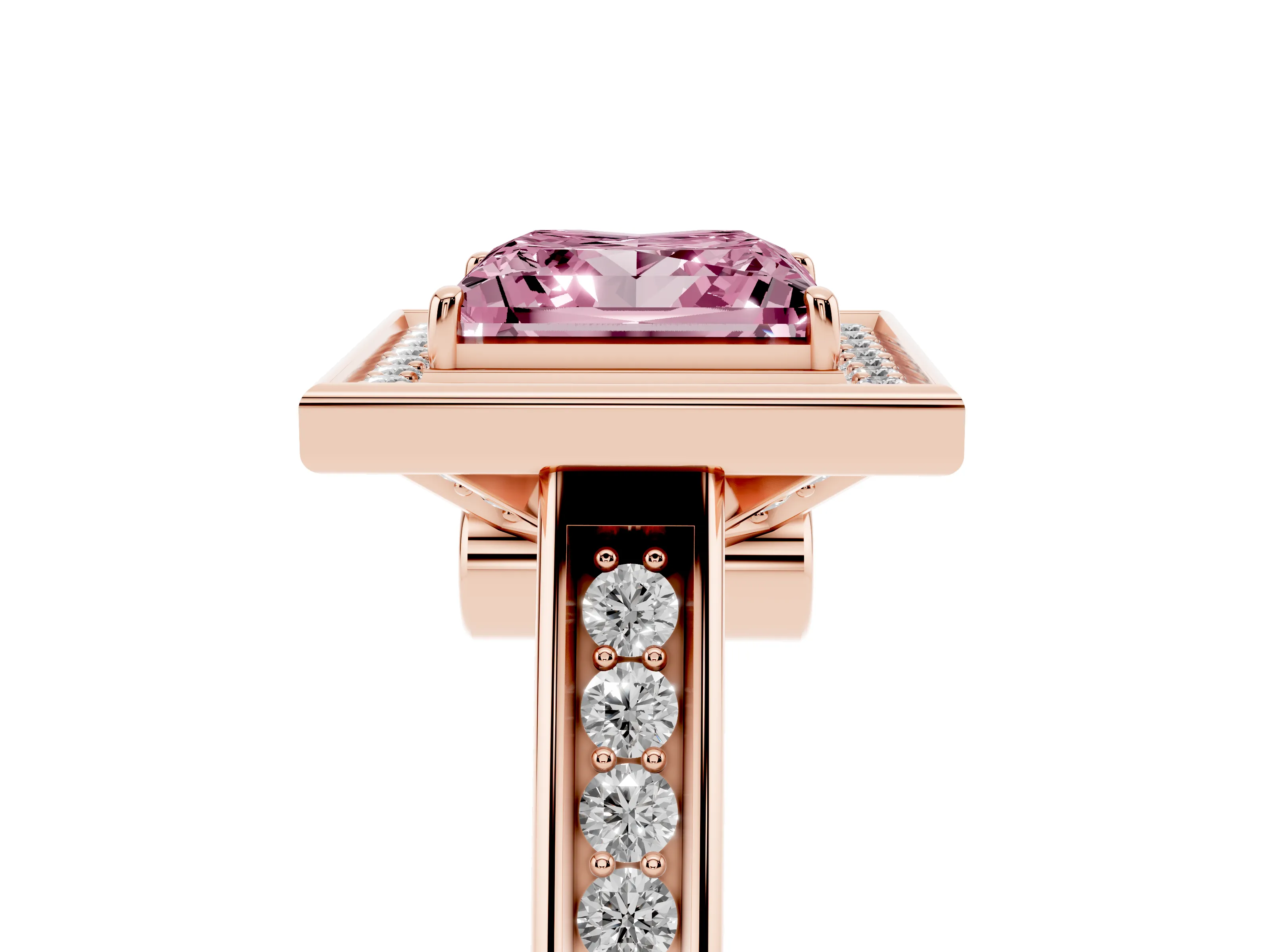 Fancy Pink Princess Cut Diamond Halo Solitaire Ring Set in Rose gold with Pavé Band and Bezel Setting