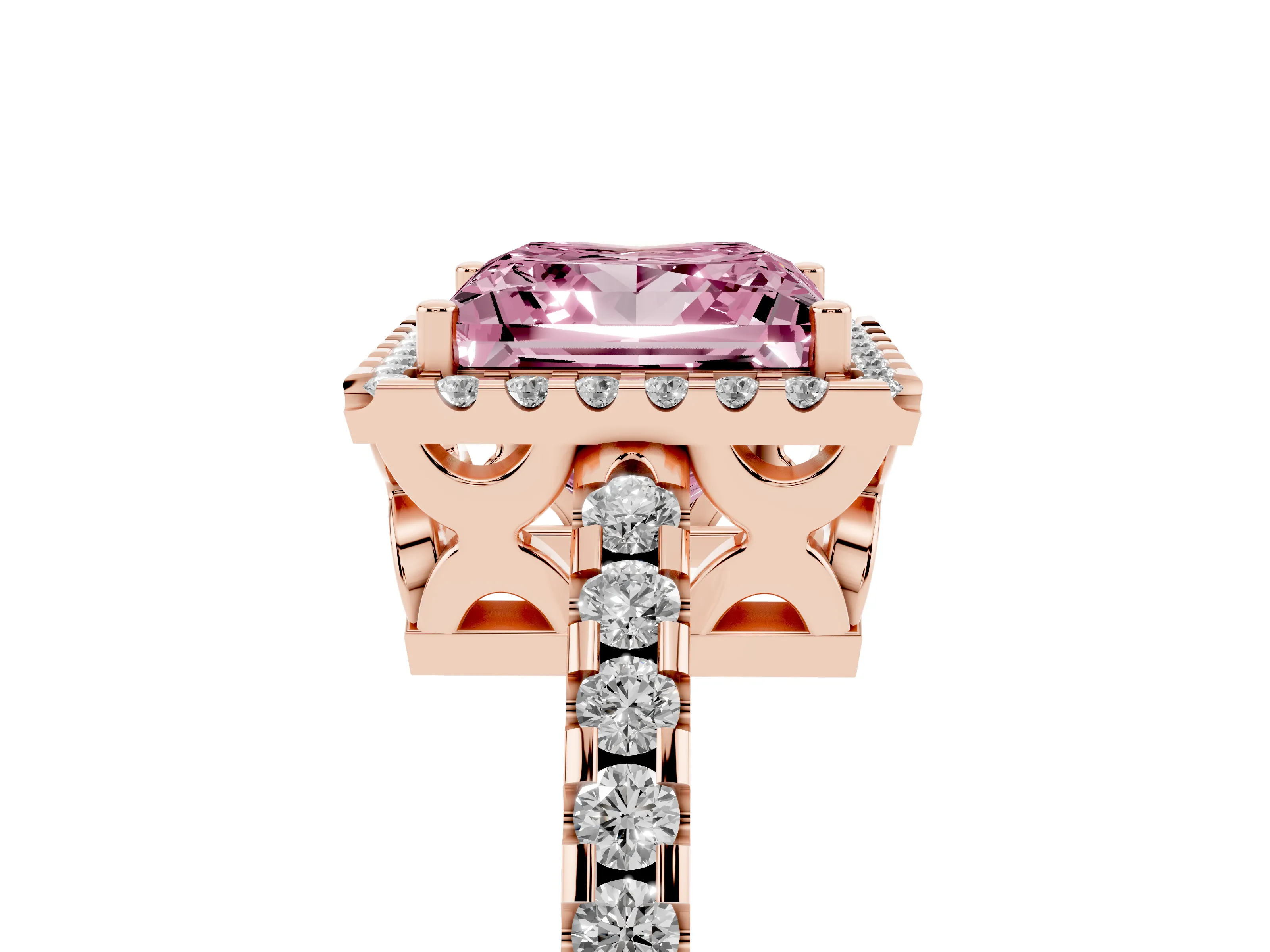 Fancy Pink Princess Cut Diamond Halo Ring Set in Rose gold with Pavé Shoulders and Halo-Framed Center