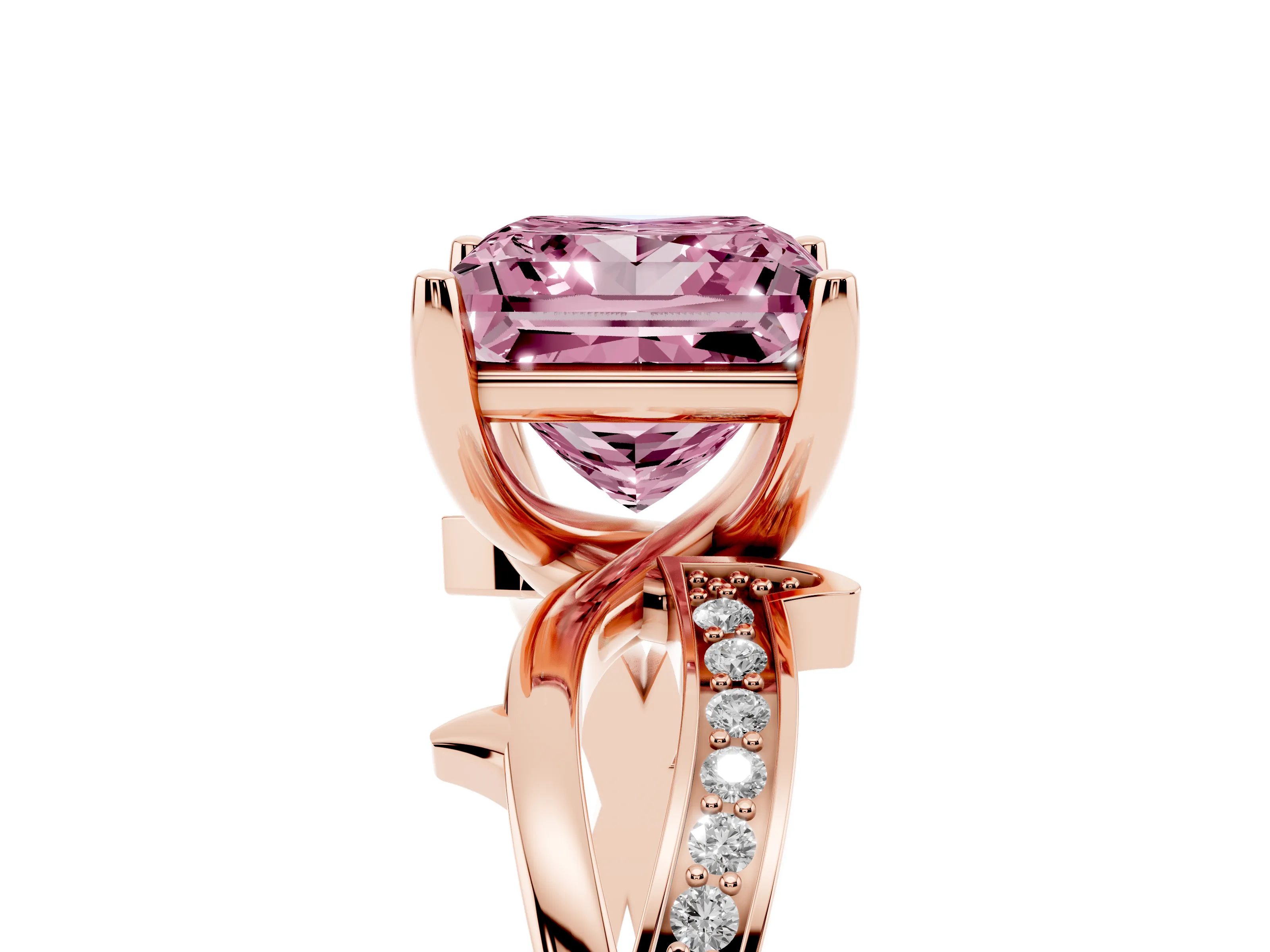 Fancy Pink Princess Cut Diamond Pavé Twist Band Solitaire Ring Set in Rose gold with Prong Setting