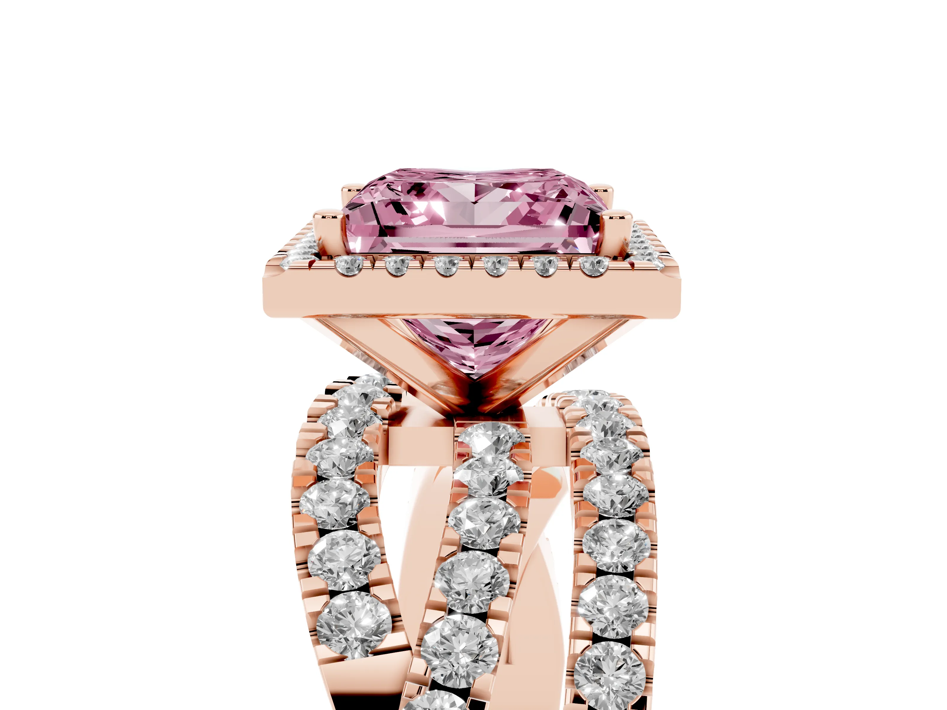 Fancy Pink Princess Cut Diamond Halo Ring Set in Rose gold with Round Crossover Split Shank and Prong Setting