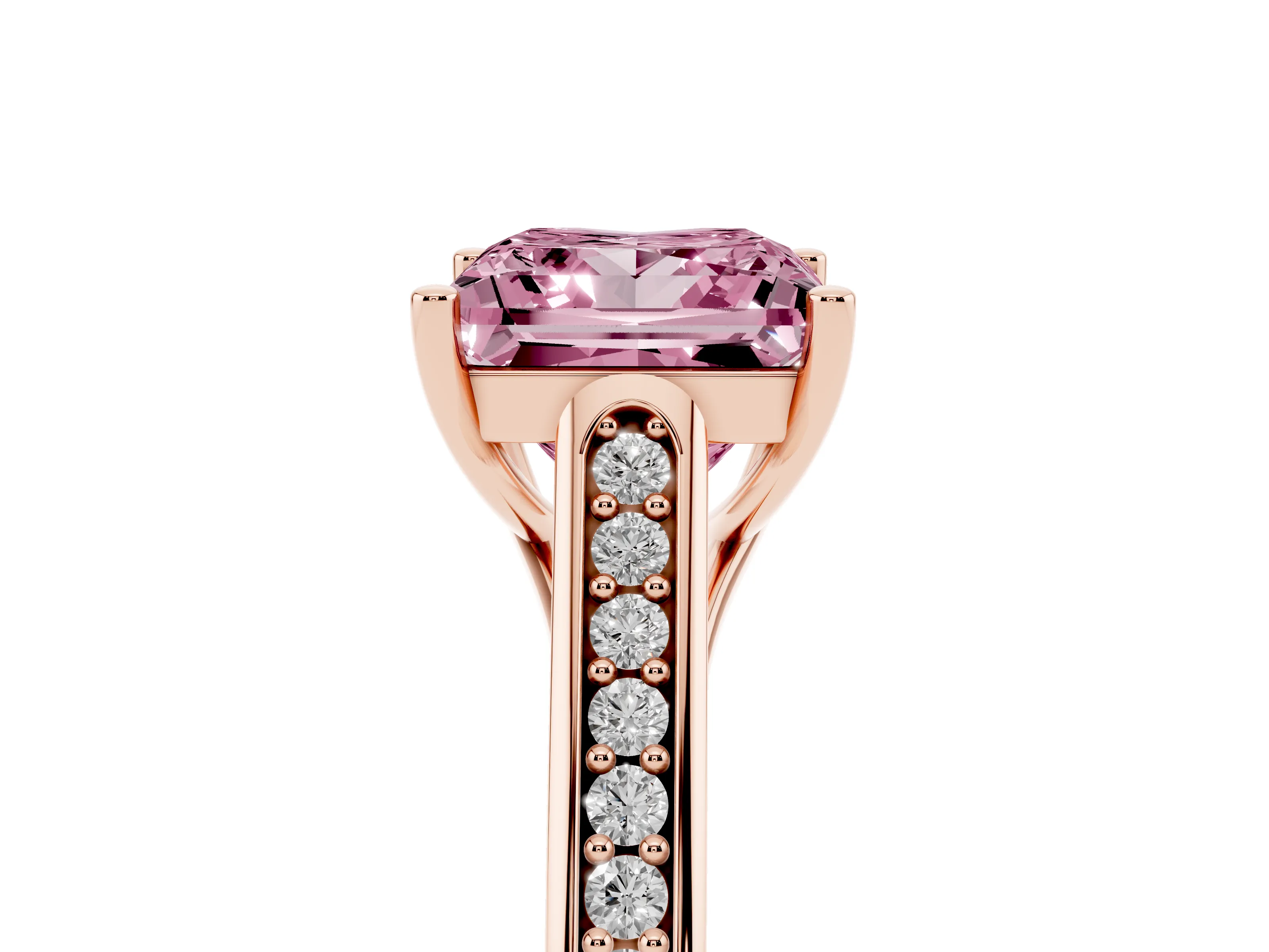 Fancy Pink Princess Cut Diamond Solitaire Cathedral Engagement Ring Set in Rose gold with Channel-Set Band and Prong Setting