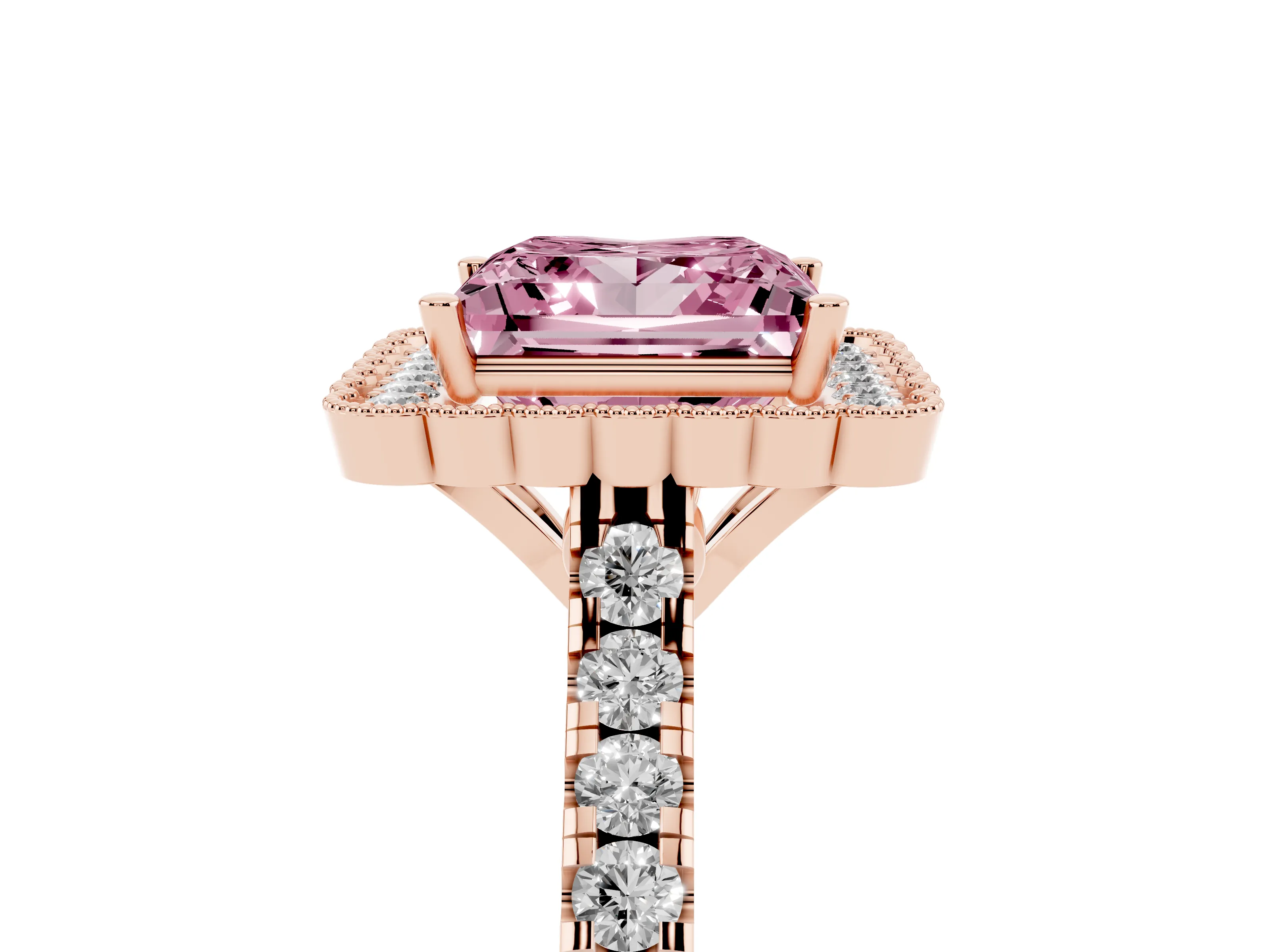 Fancy Pink Princess Cut Diamond Milgrain Floral Halo Engagement Ring Set in Rose gold with Pavé Band