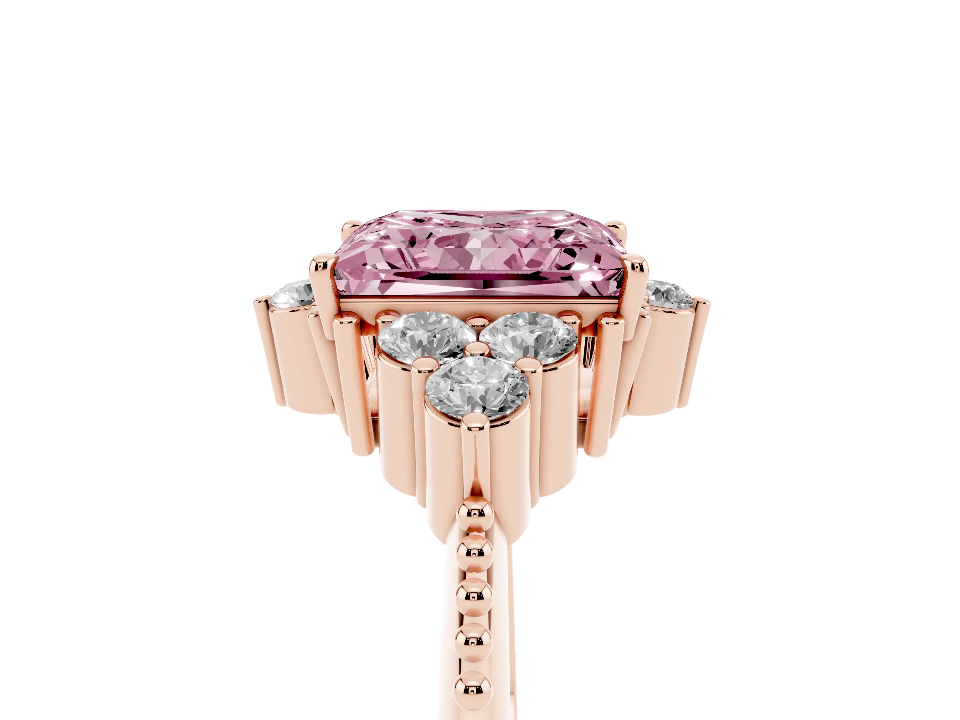 Fancy Pink Princess Cut Diamond Cluster Ring Set in Rose gold with Beaded Band