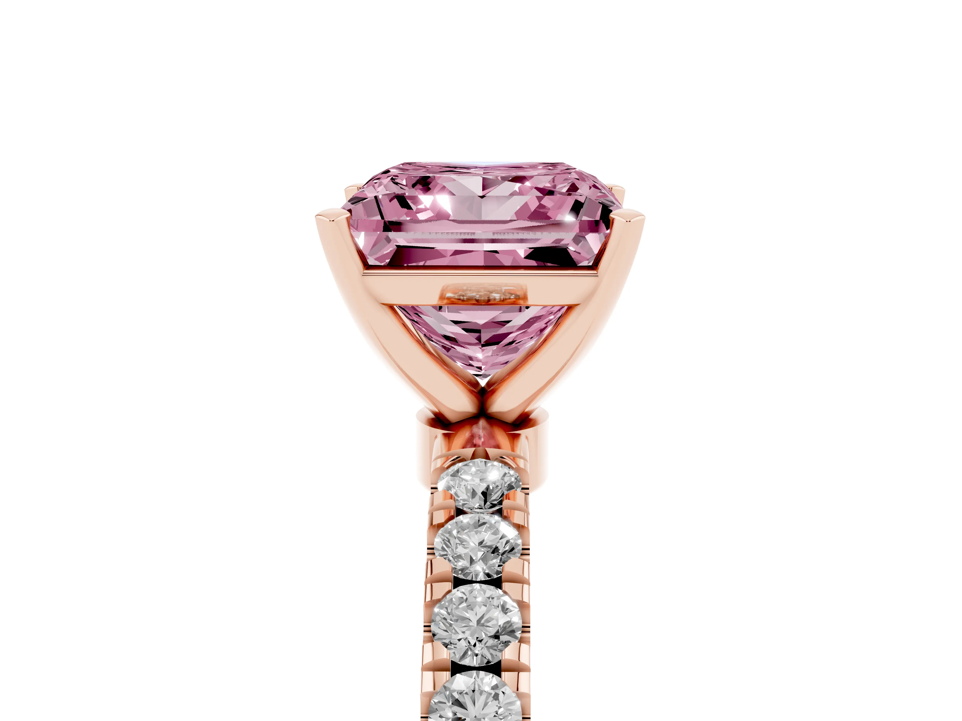 Fancy Pink Princess Cut Diamond Solitaire Ring Set in Rose gold with Pavé Accents and Prong Setting