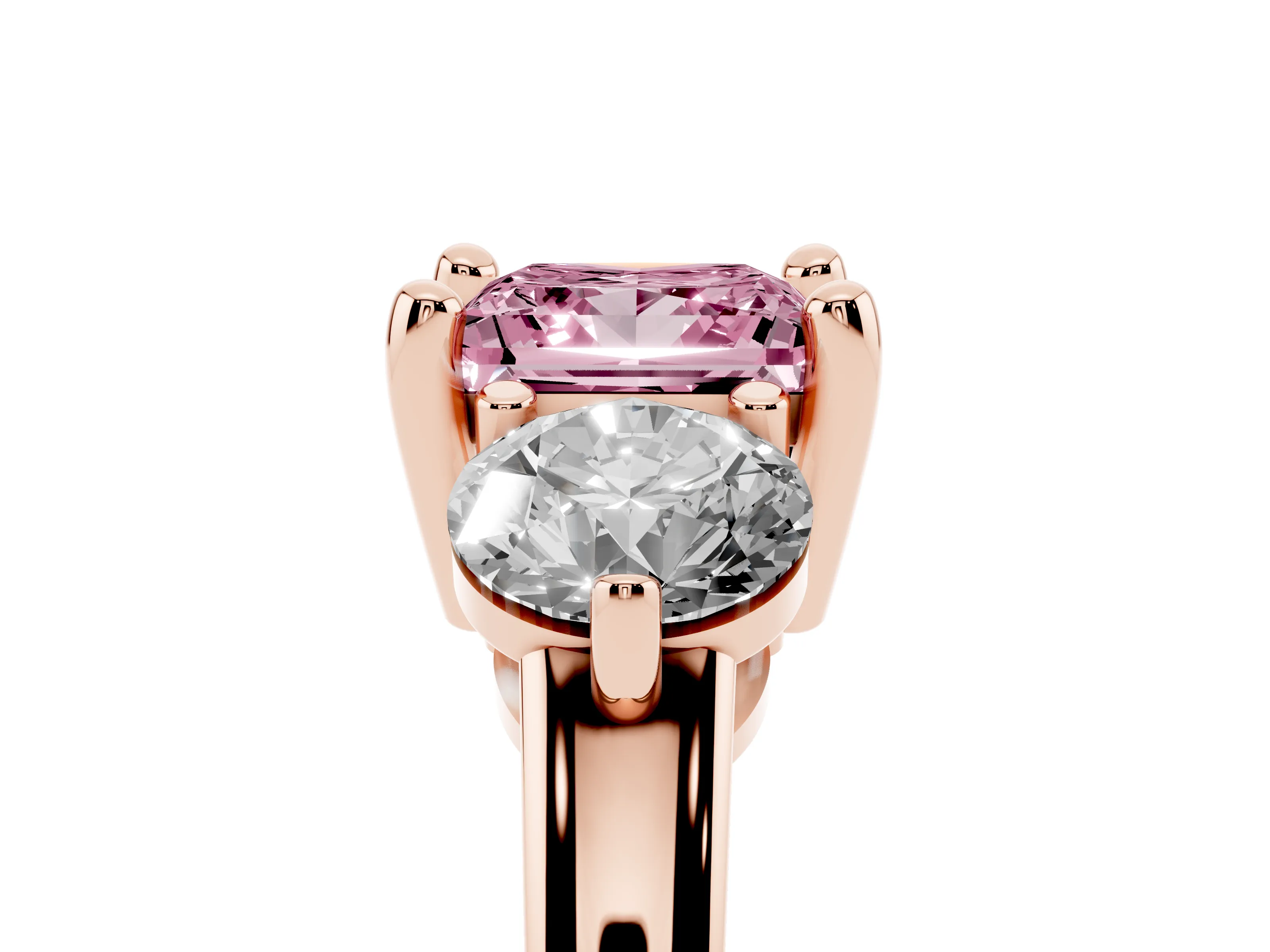 Fancy Pink Princess Cut Diamond Three-Stone Ring Set in Rose gold with Prong Setting and Classic Band