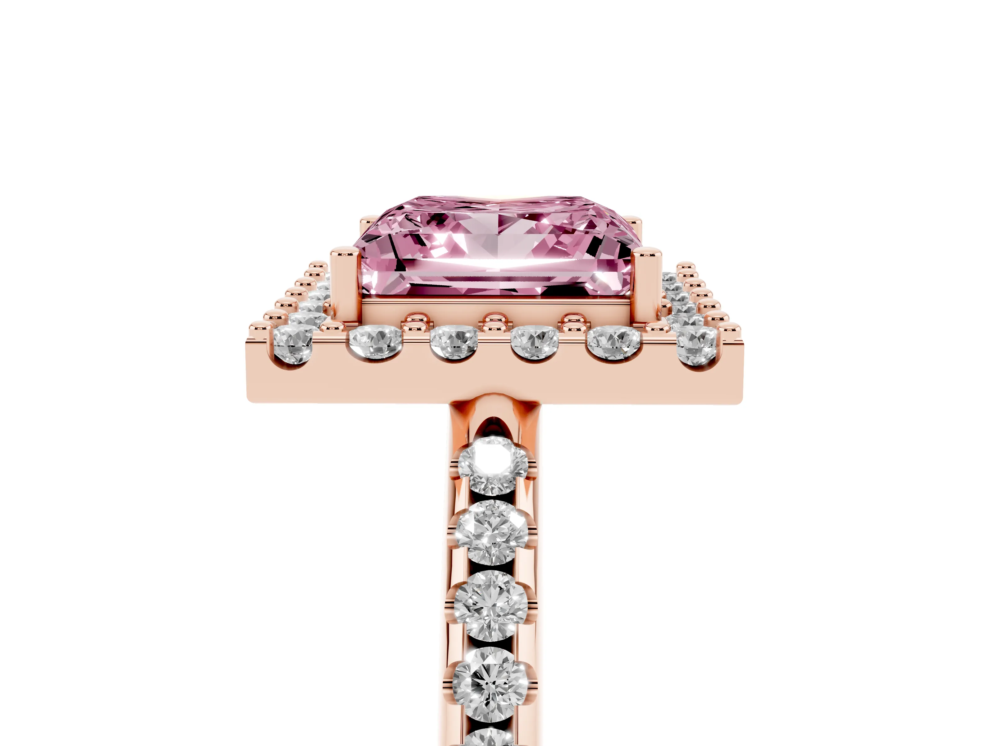 Fancy Pink Princess Cut Diamond Pavé Halo Ring Set in Rose gold with Prong Setting
