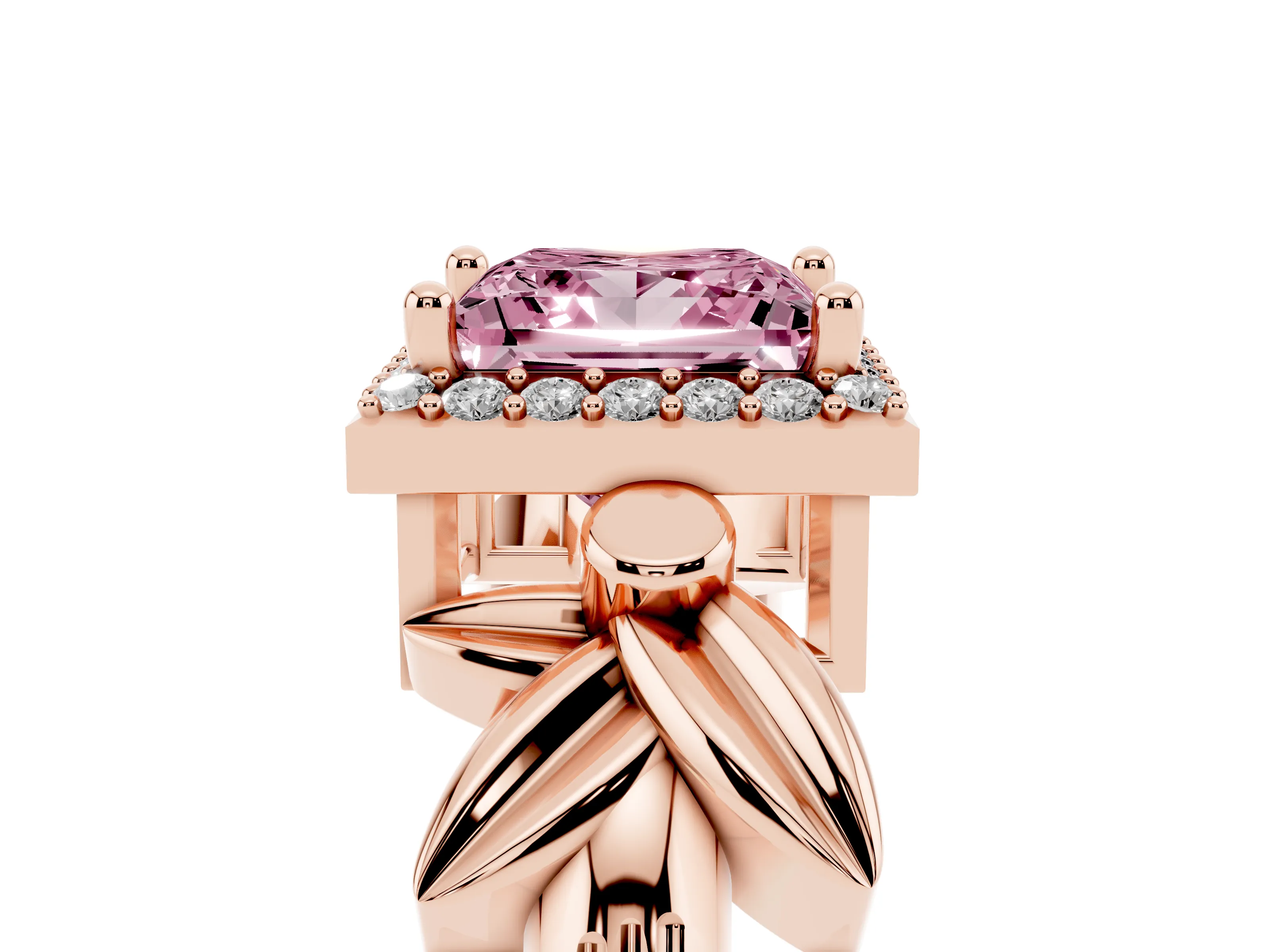 Fancy Pink Princess Cut Diamond Halo Floral Band Ring Set in Rose gold with Prong Setting